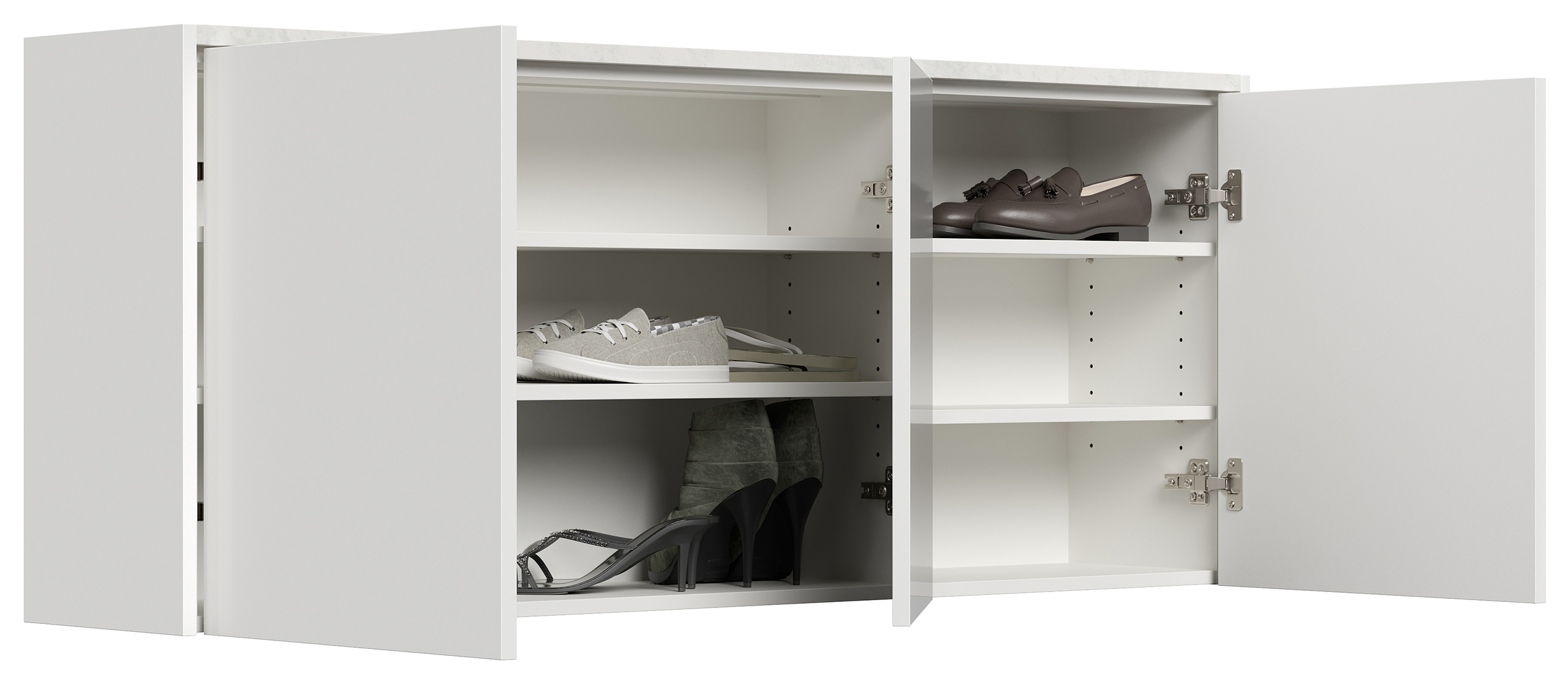 Premium Schuhschrank Alba-XL Quarztop 3 Türen 18 Paar Weiss Hochglanz