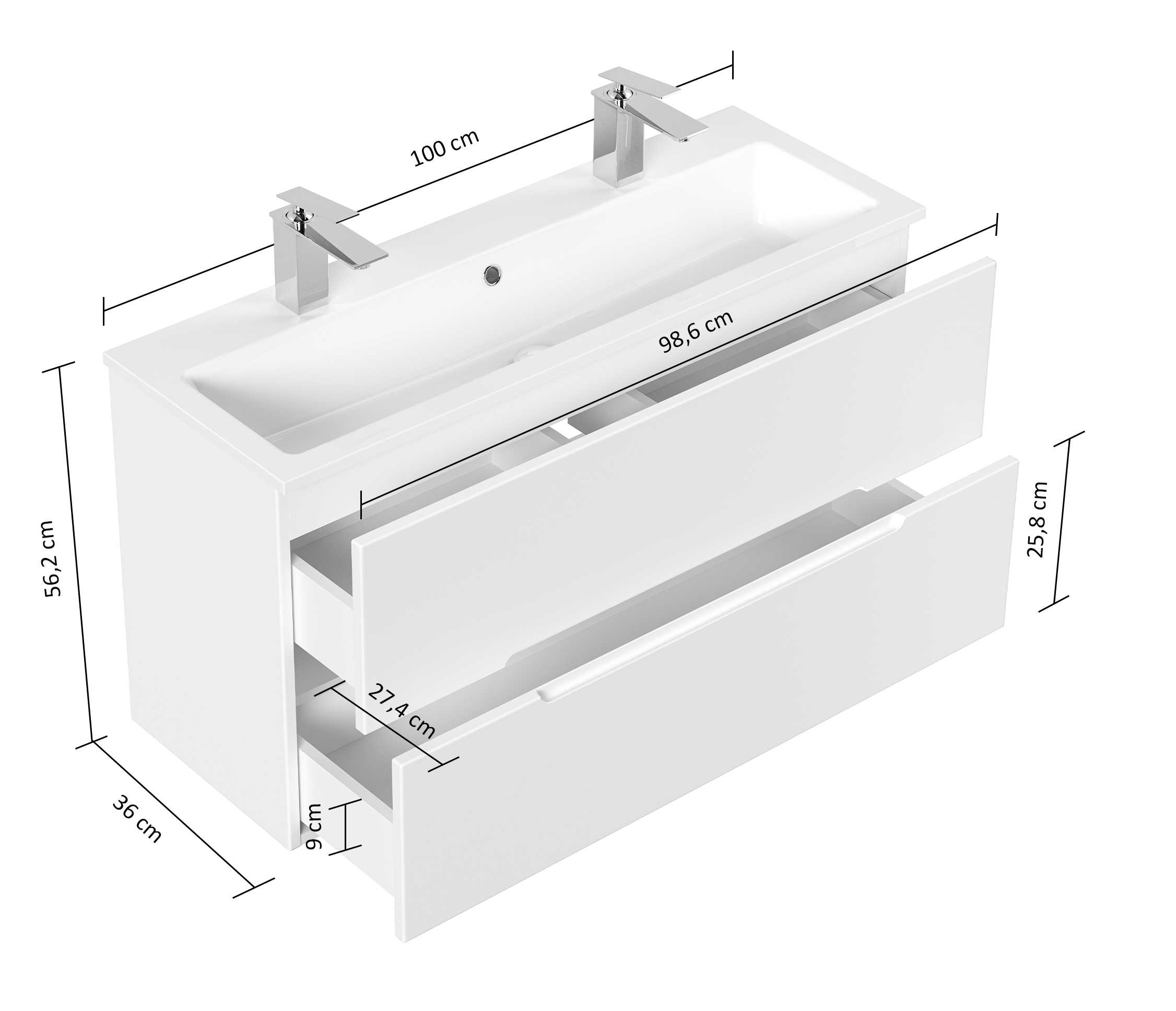 Badmöbel Mars 1000 SlimLine, 2-Hahnloch SoftClose Schubladen eiche klassik