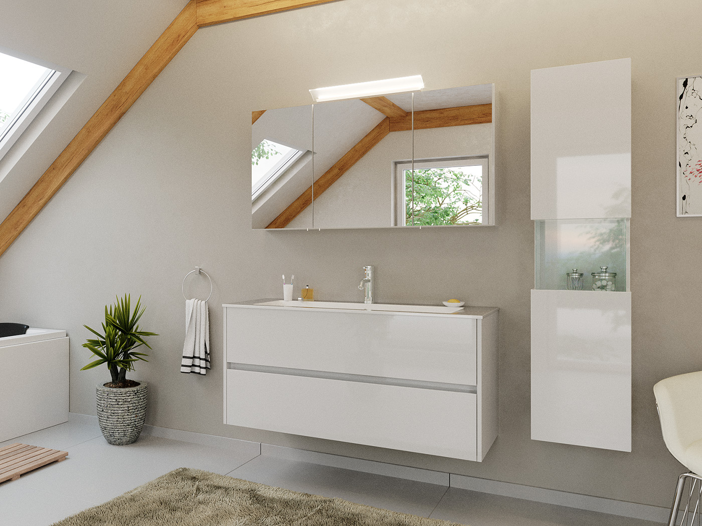 Badmöbel Set Taifun 3tlg. 120 cm mit Spiegelschrank & Hochschrank weiß Hgl