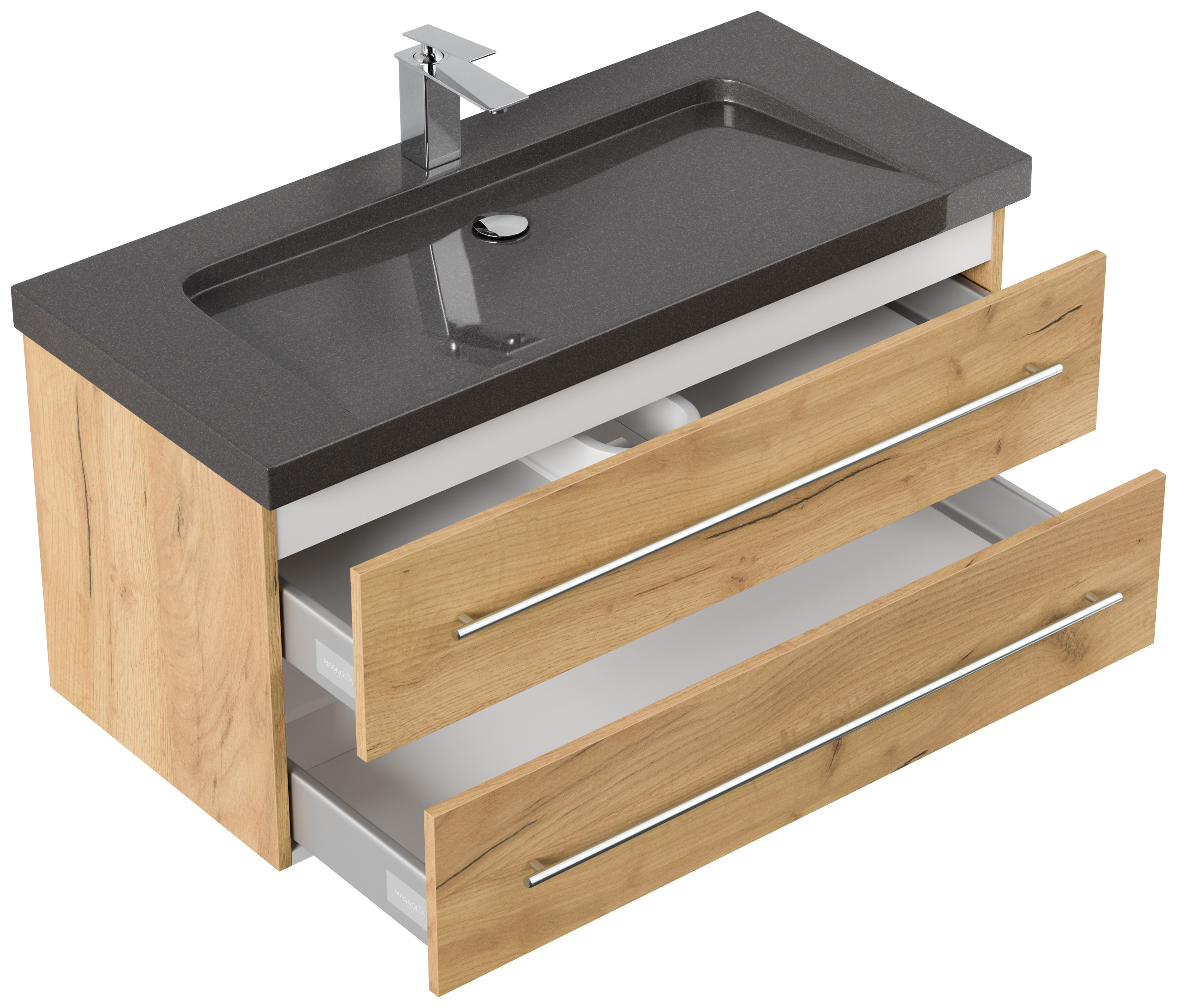 Badmöbel Granit India Black Damo 100 cm 1 Hahnloch SoftClose eiche gold