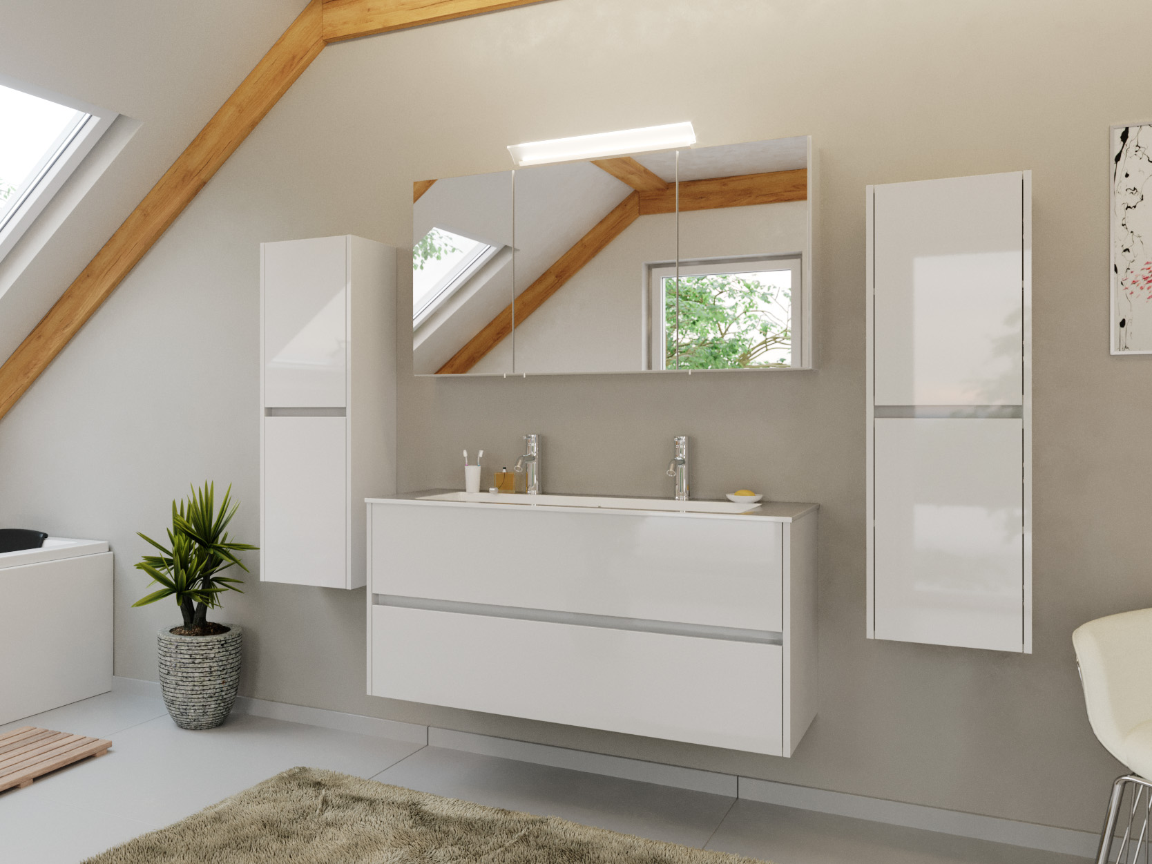 Doppel-Badmöbel Set Taifun 4tlg. 120 cm Spiegelschrank & 2x Seitenschrank weiß