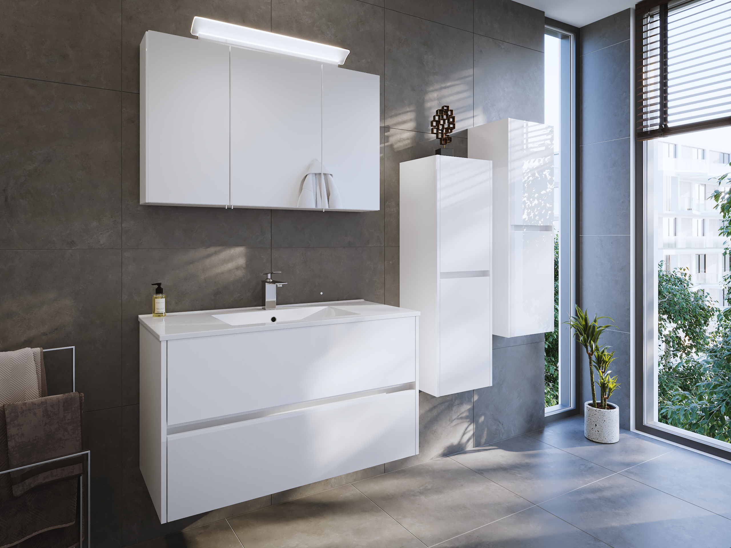 Badmöbel Set Taifun 4tlg. 100 cm mit Spiegelschrank & 2x Seitenschrank weiß Hgl