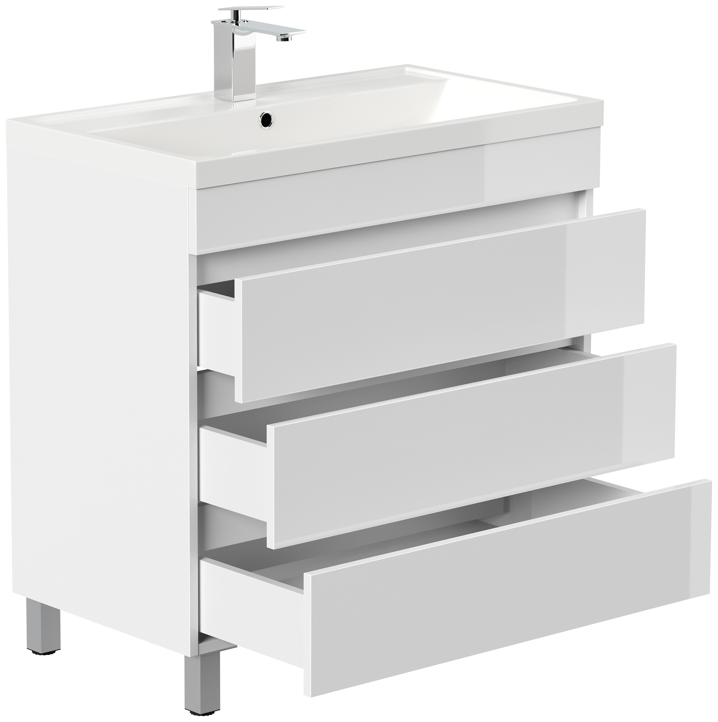 Stand Badmöbel Via 80 SoftClose weiss hochglanz mit drei grifflosen Schubladen