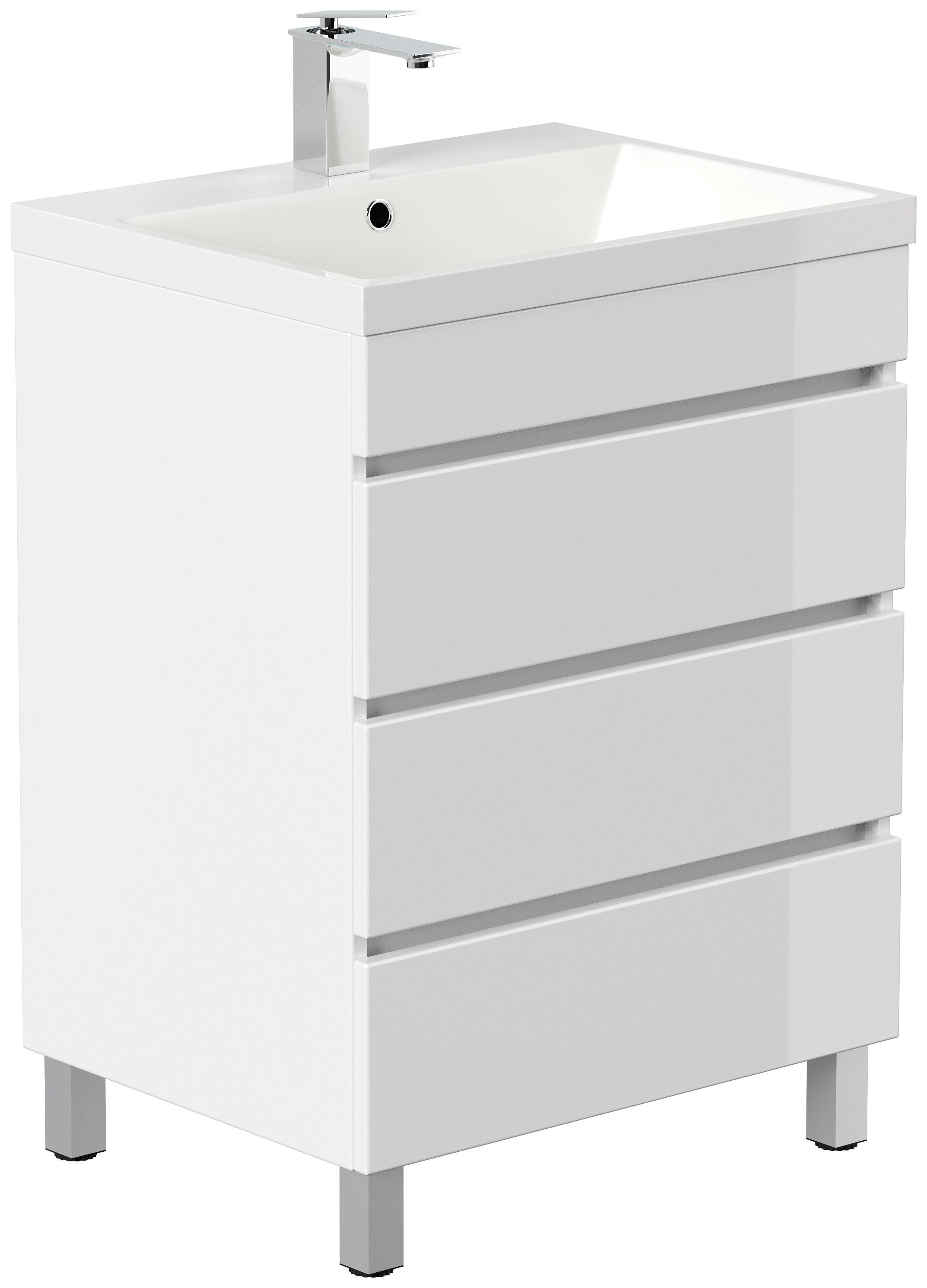 Stand Badmöbel Via 60 SoftClose weiss hochglanz mit drei grifflosen Schubladen