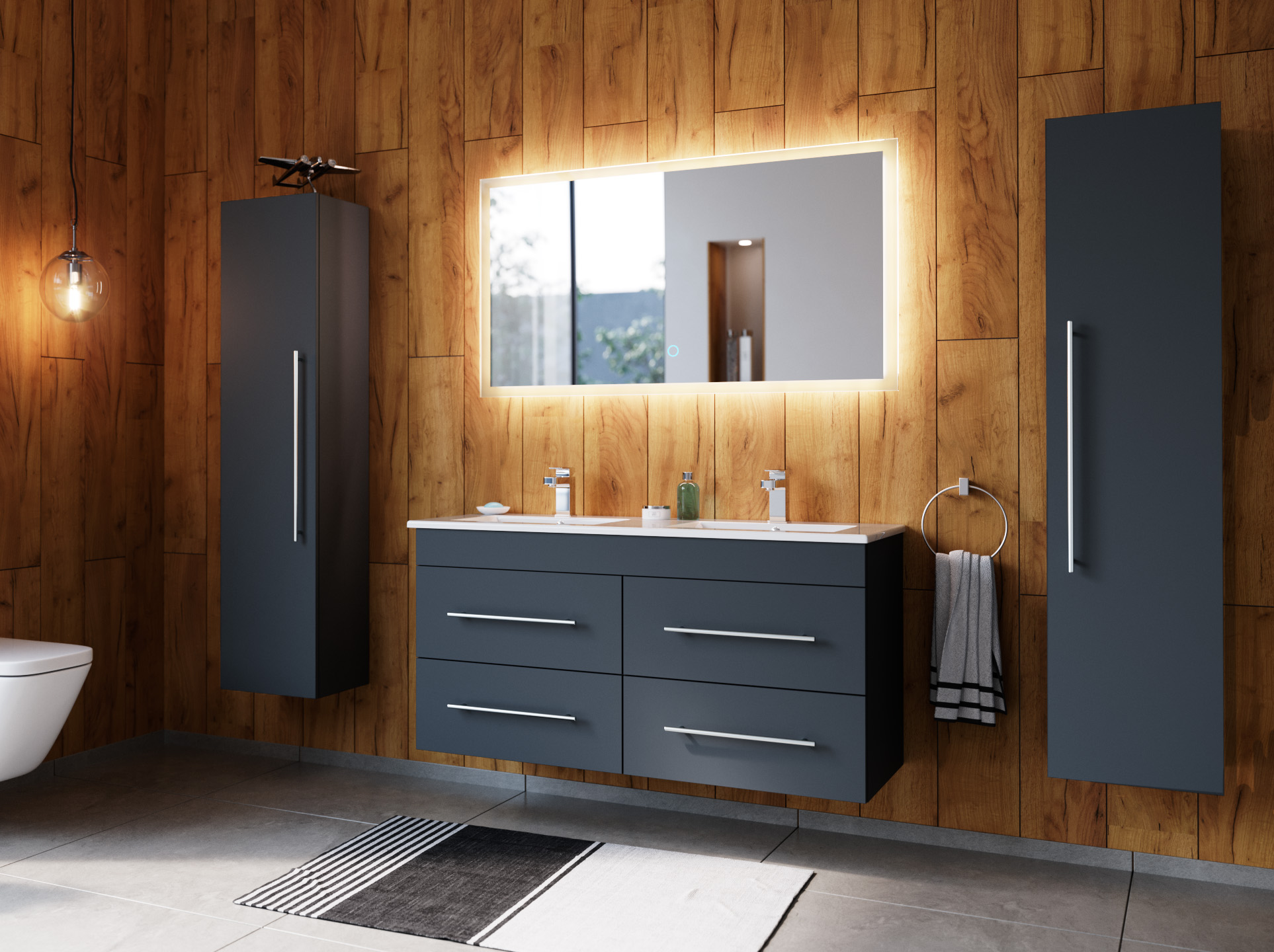 Badmöbelset Helios 4-teilig LED Spiegel 2x Hochschrank grafit