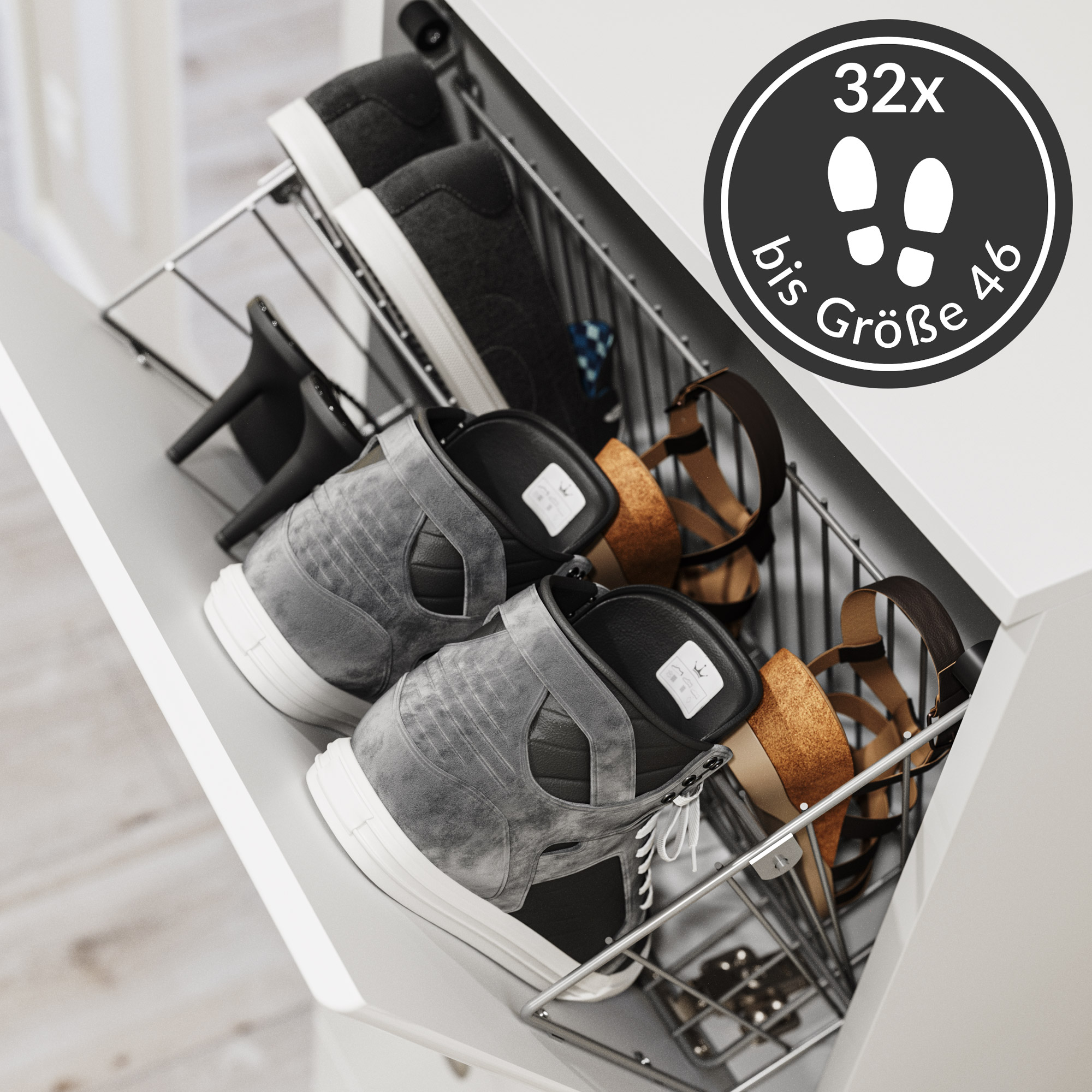 Garderobe Set 110 Ventura 3 tlg Schuhschrank 8 Klappen 32 Paar Weiss-Weiss Hgl