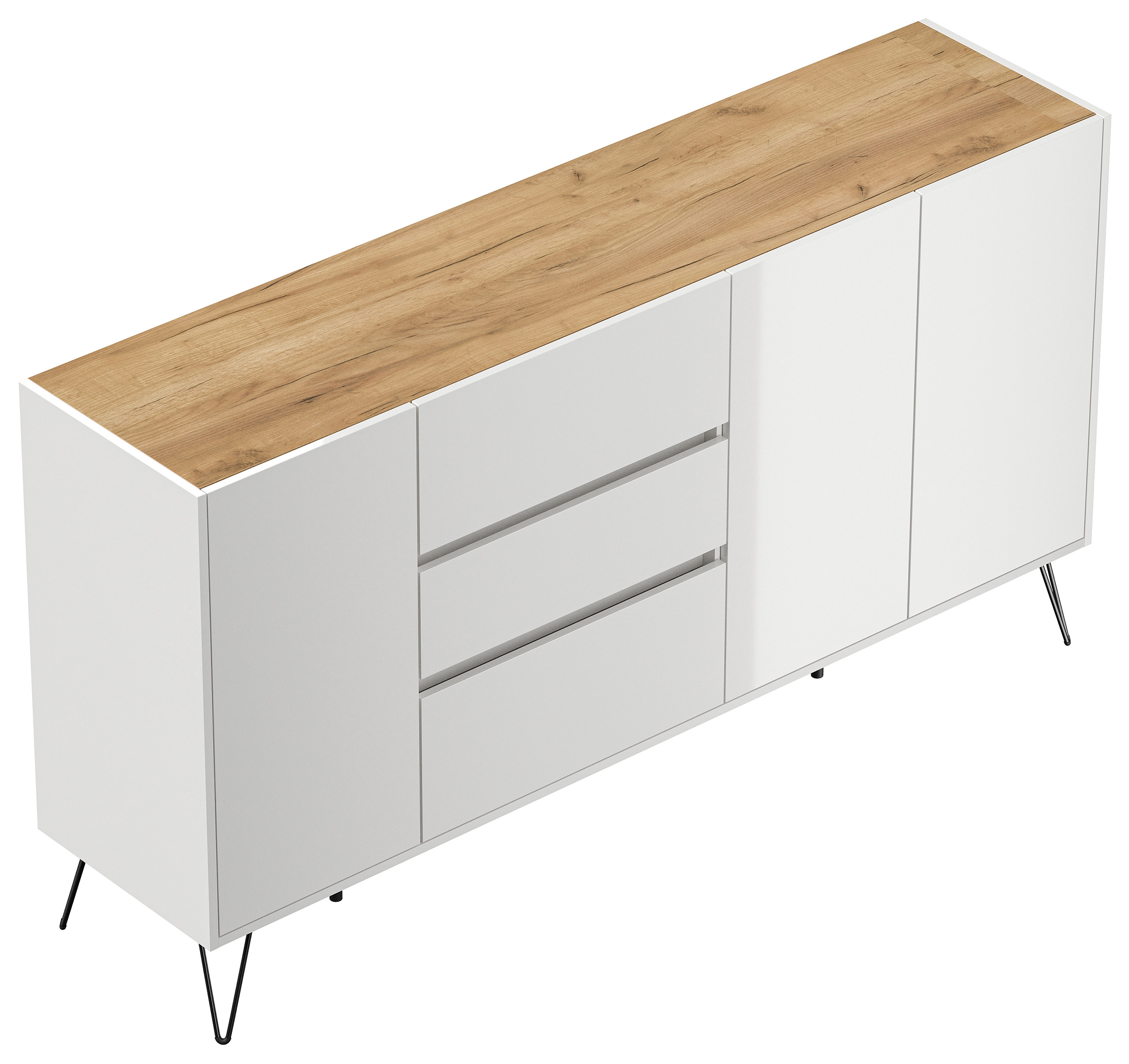 Sideboard Yako XL 180cm 3 SoftClose 3 Türen Weiß/Eiche Top