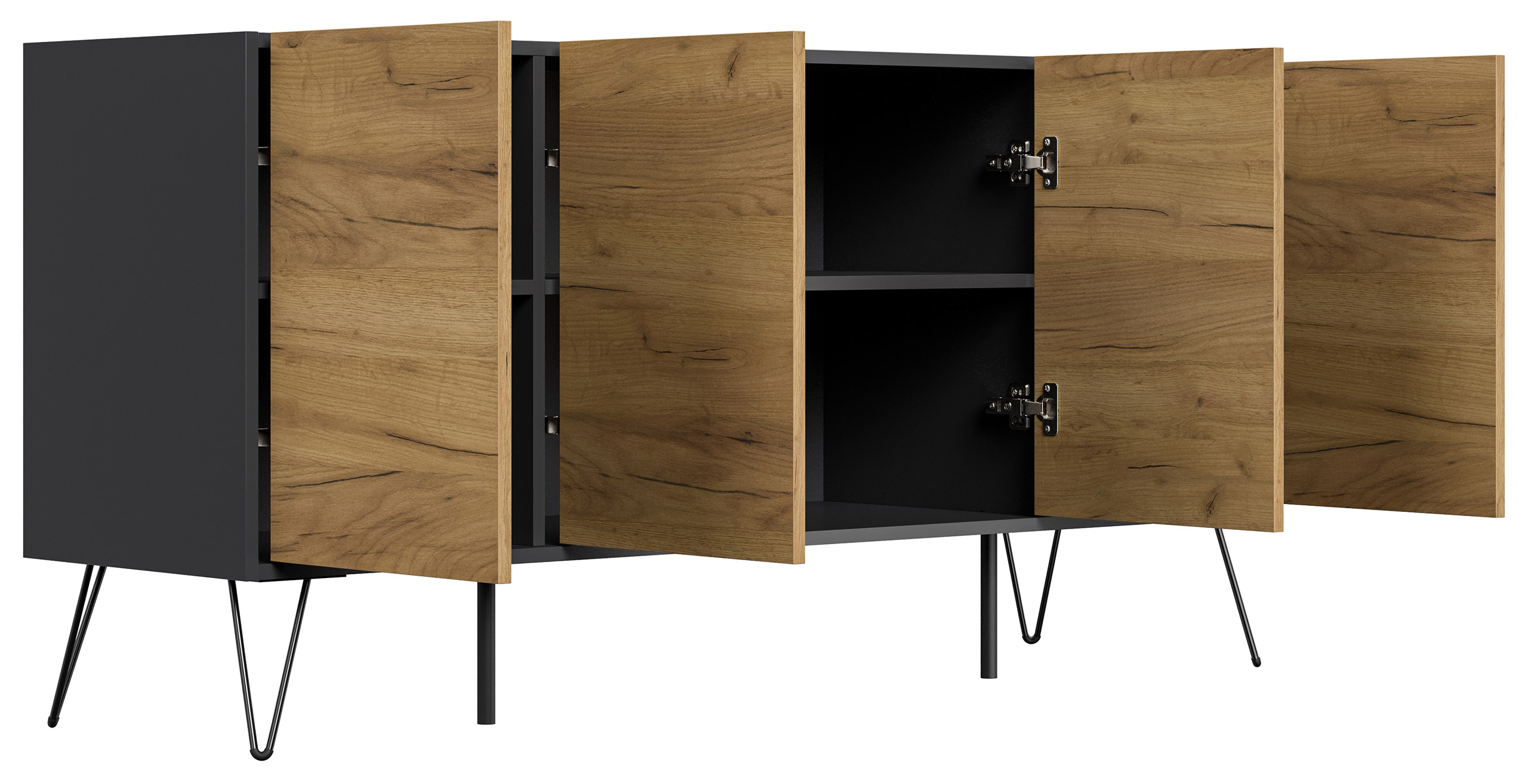Raumwunder XL Sideboard Kommode Maxim 155cm stehend 4 Türen Grafit/Eiche Top