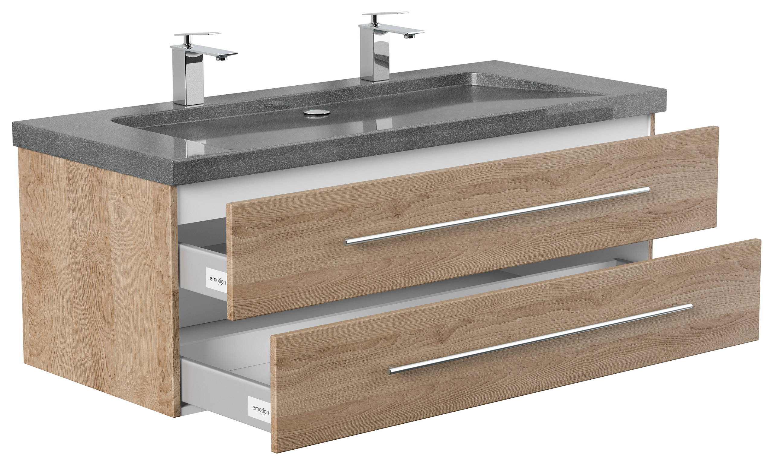 Badmöbel Granit G654 Damo 130 cm 2 Hahnlöcher SoftClose eiche hell