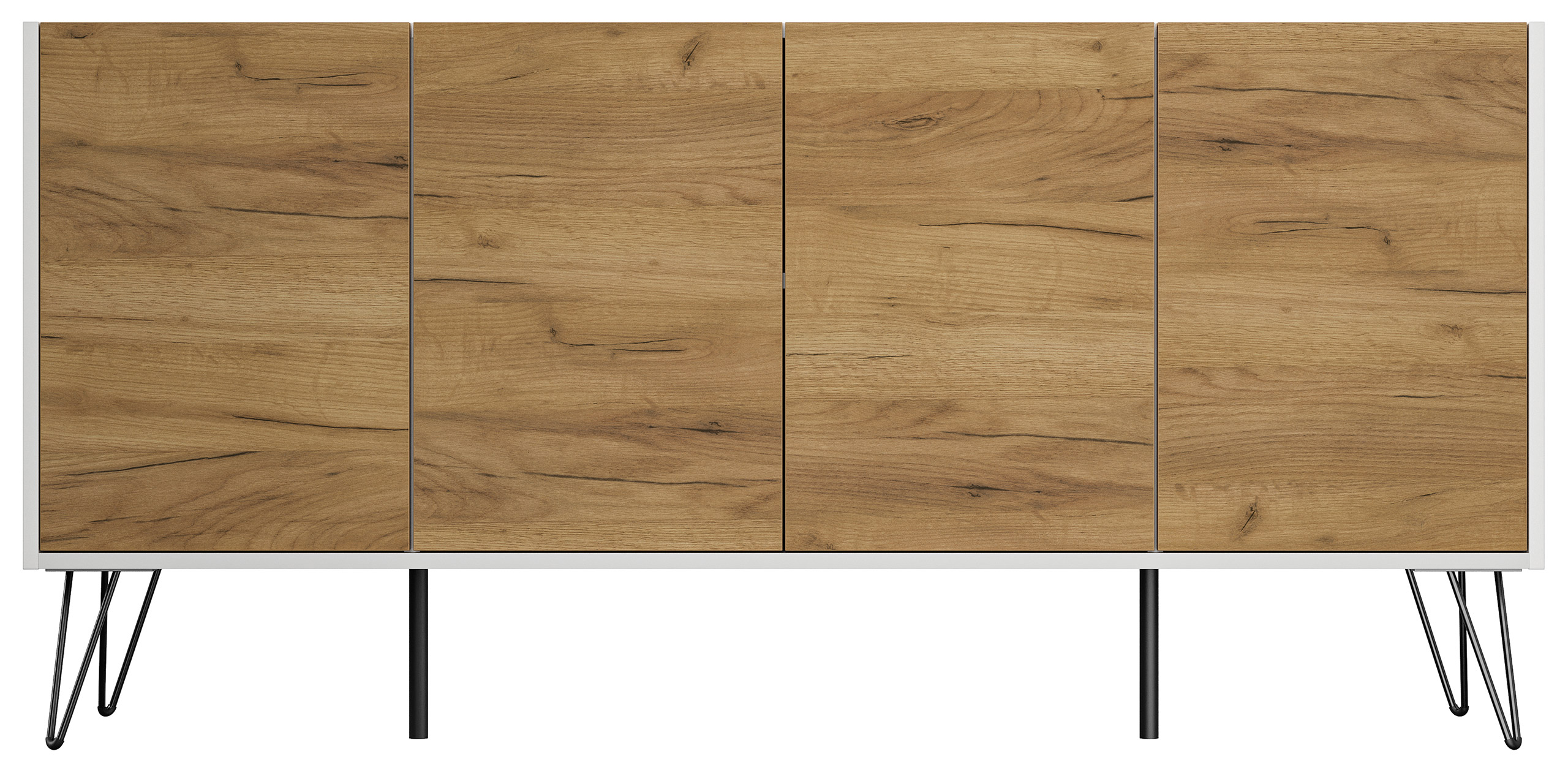 Raumwunder XL Sideboard Kommode Maxim 155cm stehend 4 Türen Weiß/Eiche Front