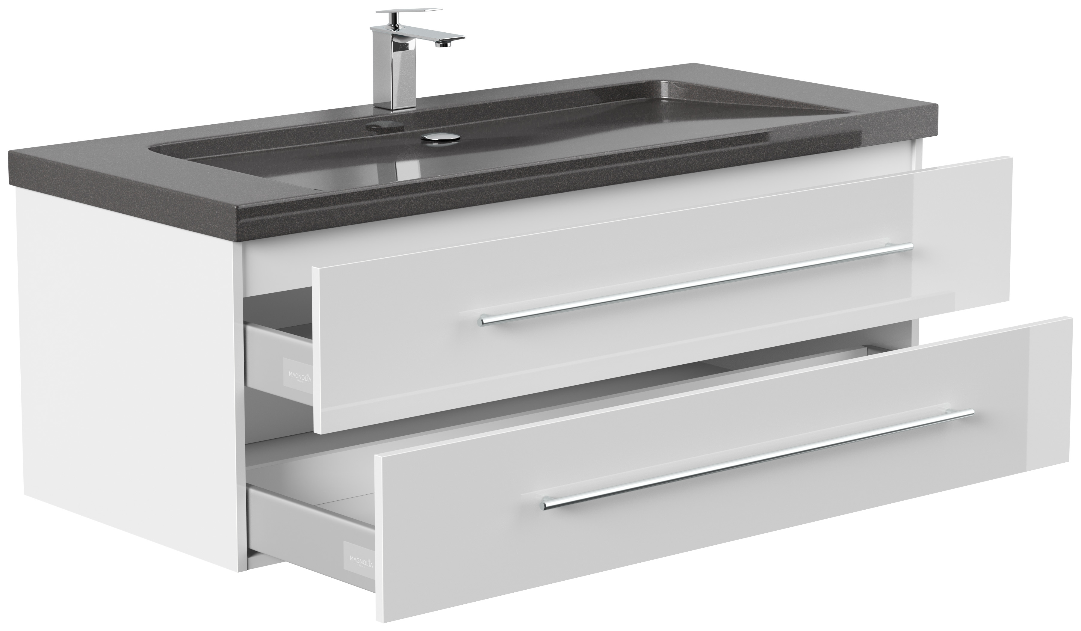 Badmöbel Granit India Black Damo 130 cm 1 Hahnloch SoftClose weiß hochglanz