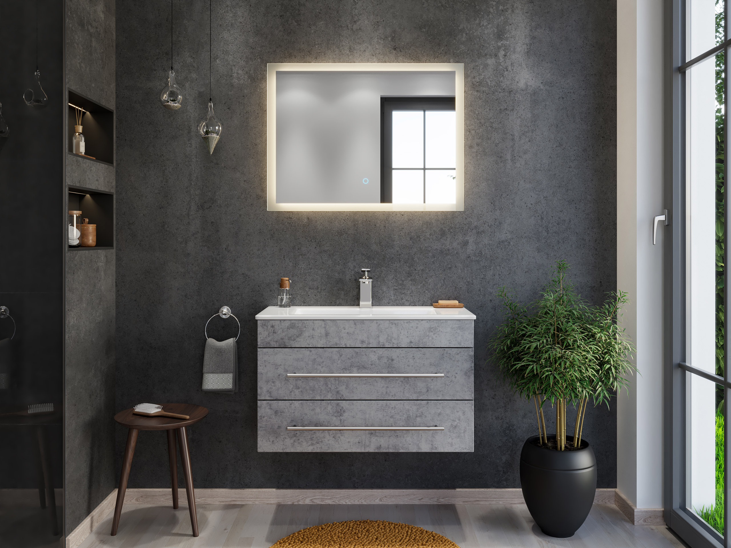 Badmöbel Mars 800 2-teilig mit LED Spiegel SlimLine SoftClose beton