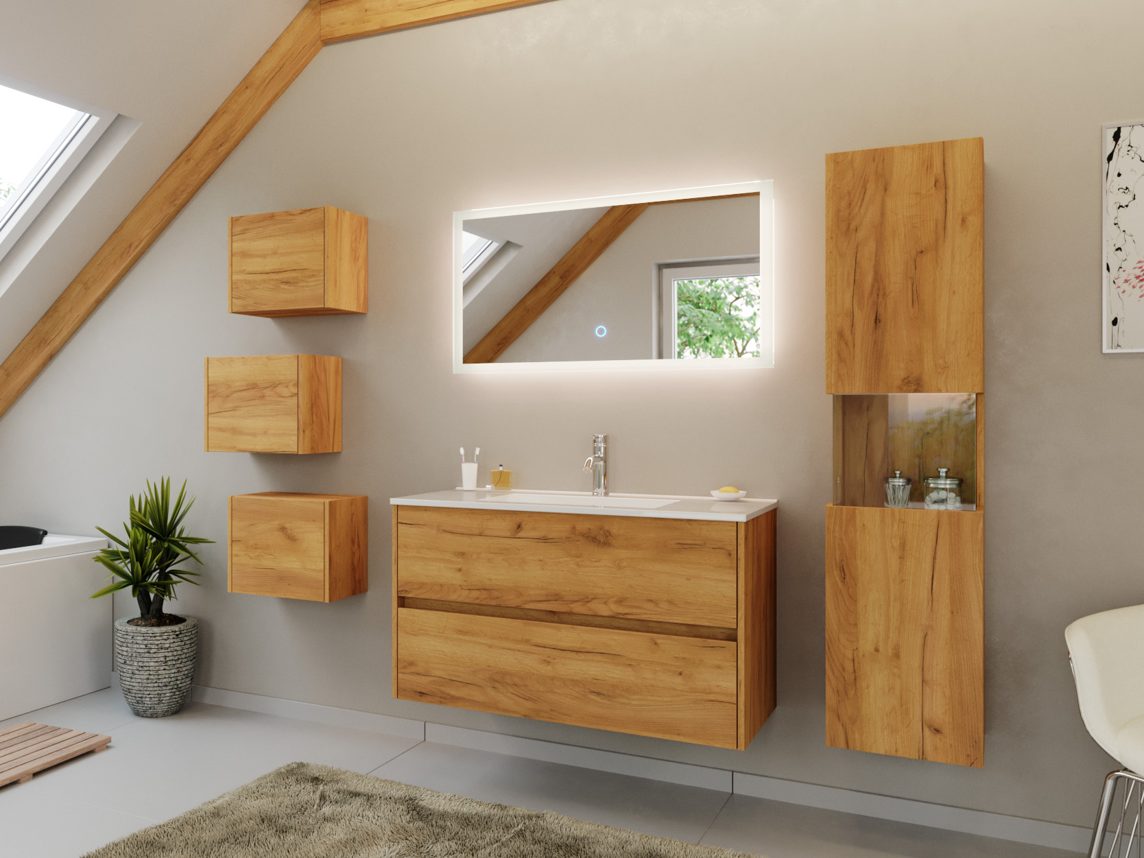 Badmöbel Set Taifun 4tlg. 100 cm mit LED Spiegel, 3er Boxen & Hochschrank eiche