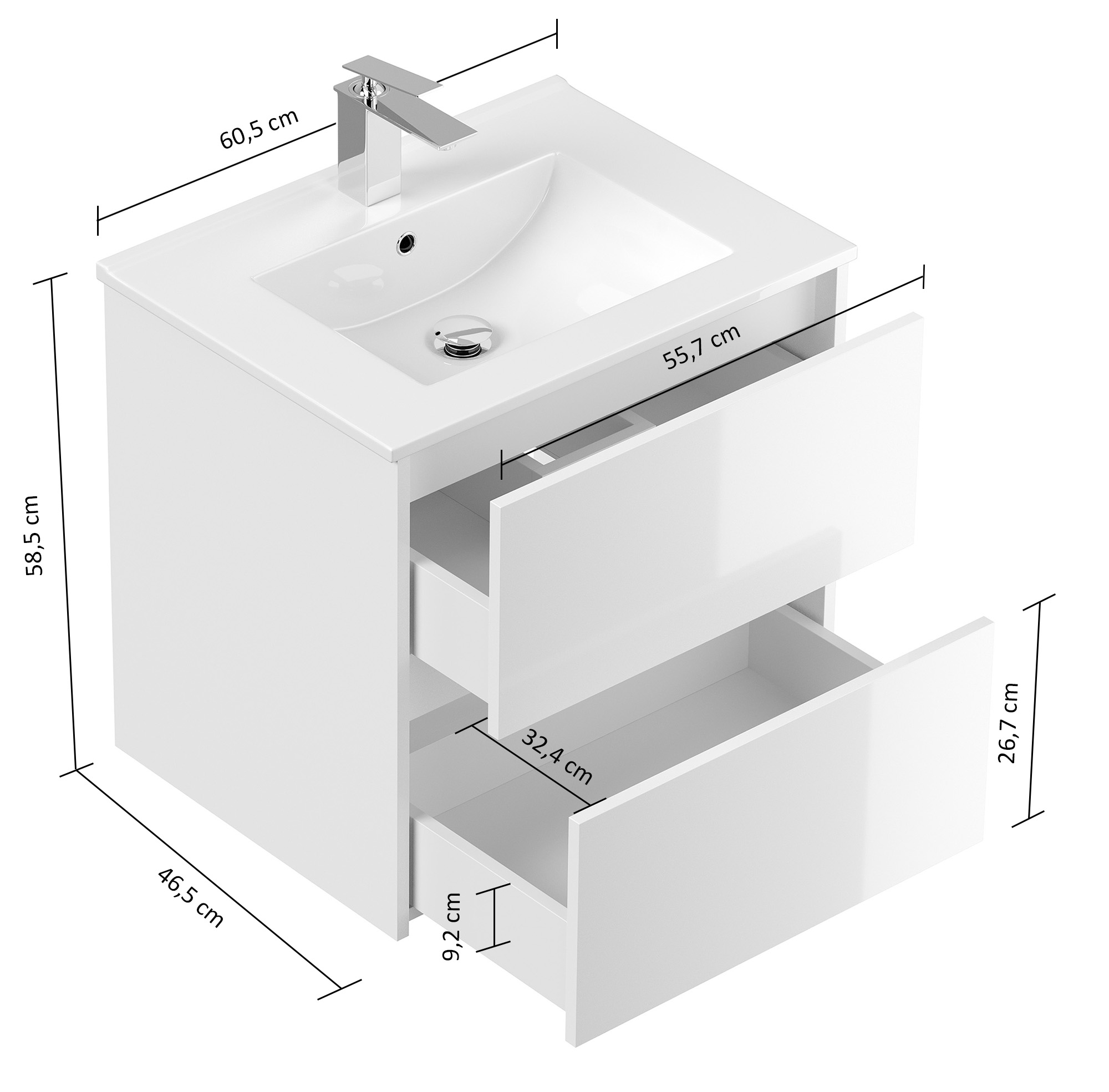Badmöbelset Taifun 60cm 2tlg mit Spiegelschrank weiß Hgl