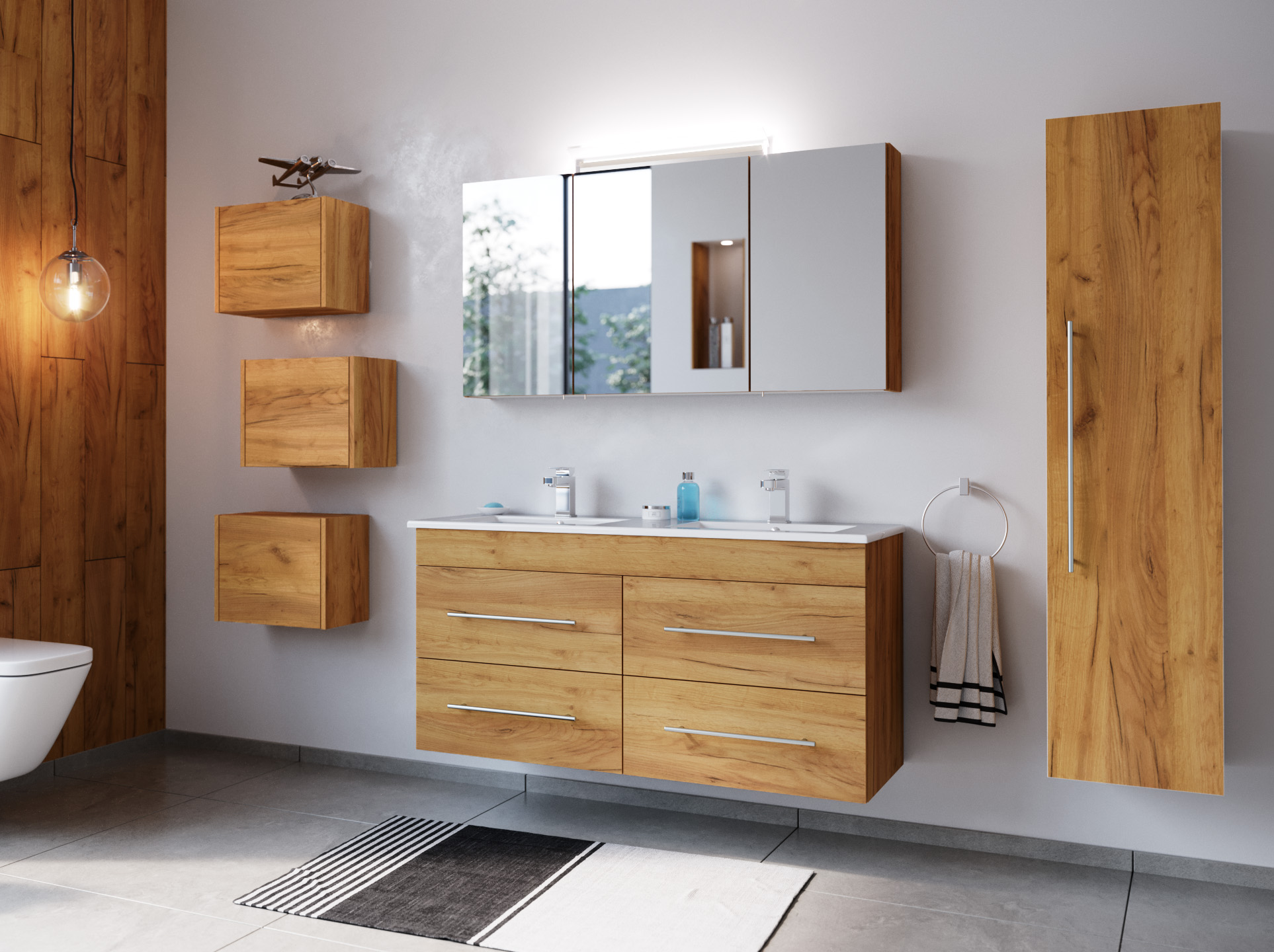 Badmöbelset Helios 4-teilig Spiegelschrank Hochschrank 3er Boxen eiche gold