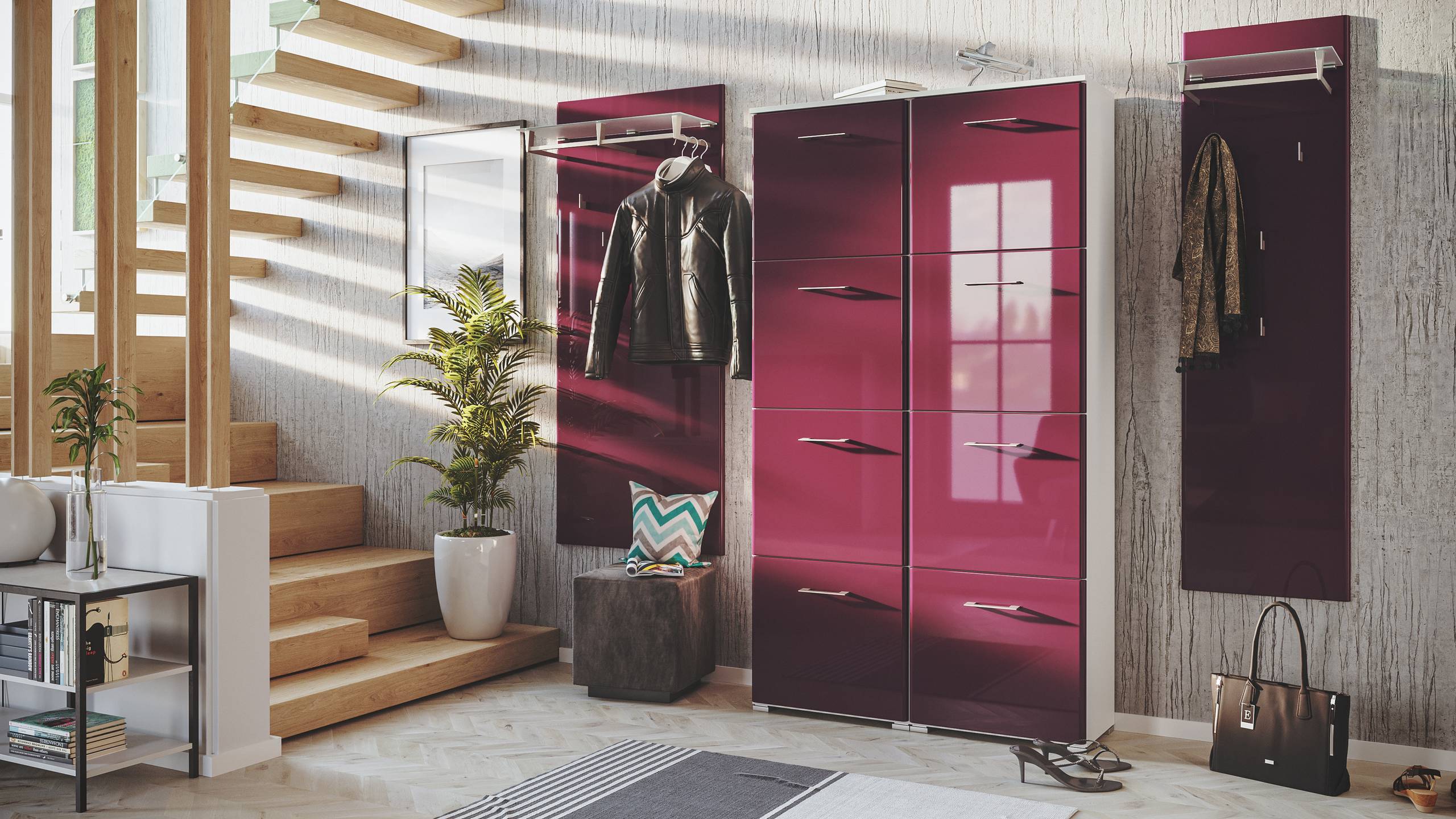 Garderobe Set 106 Talsi 3 tlg Schuhschrank 8 Klappen 32 Paar Weiss-Brombeer