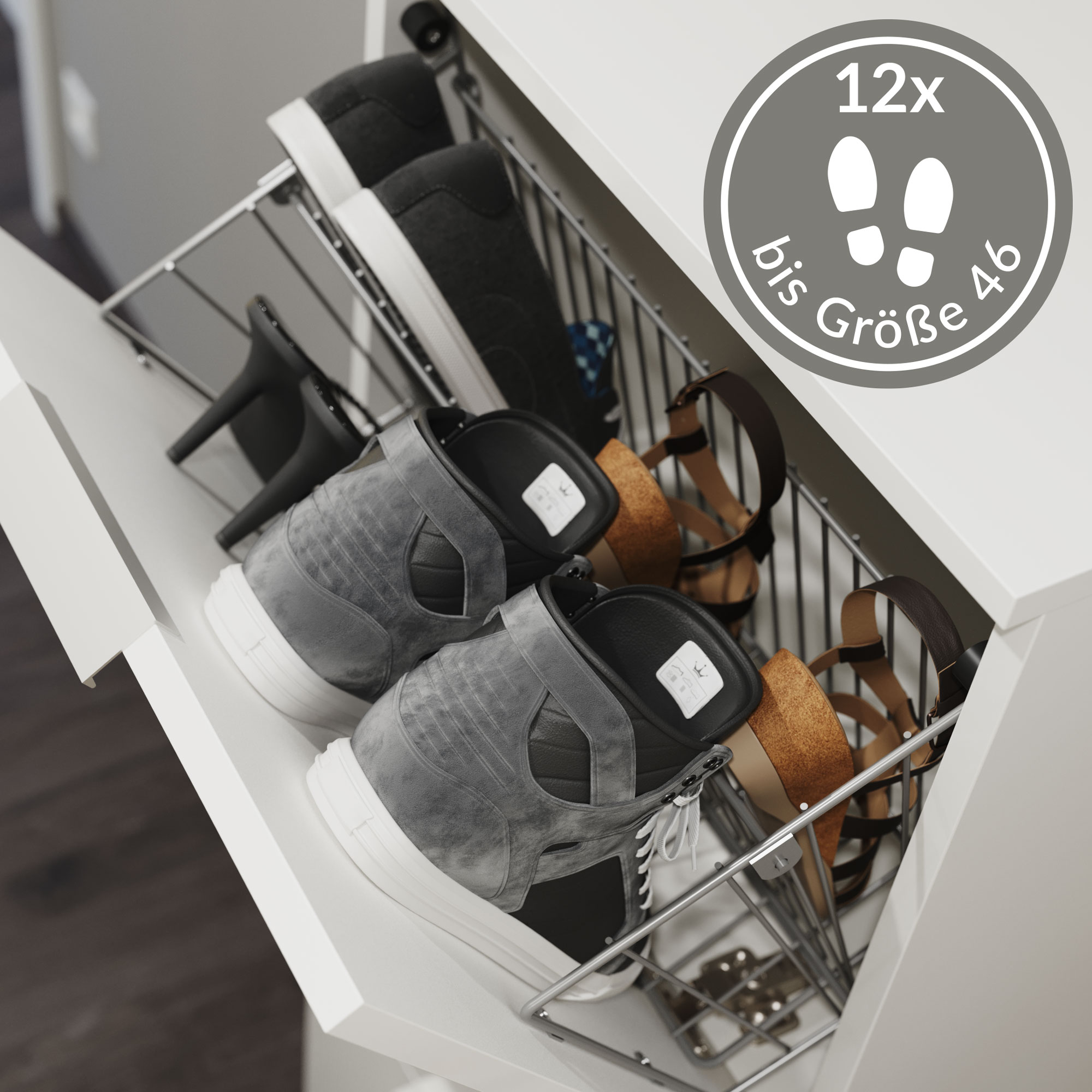 Schuhschrank Domus-L 3 Klappen 12 Paar Schuhe lackiert Weiß Hgl