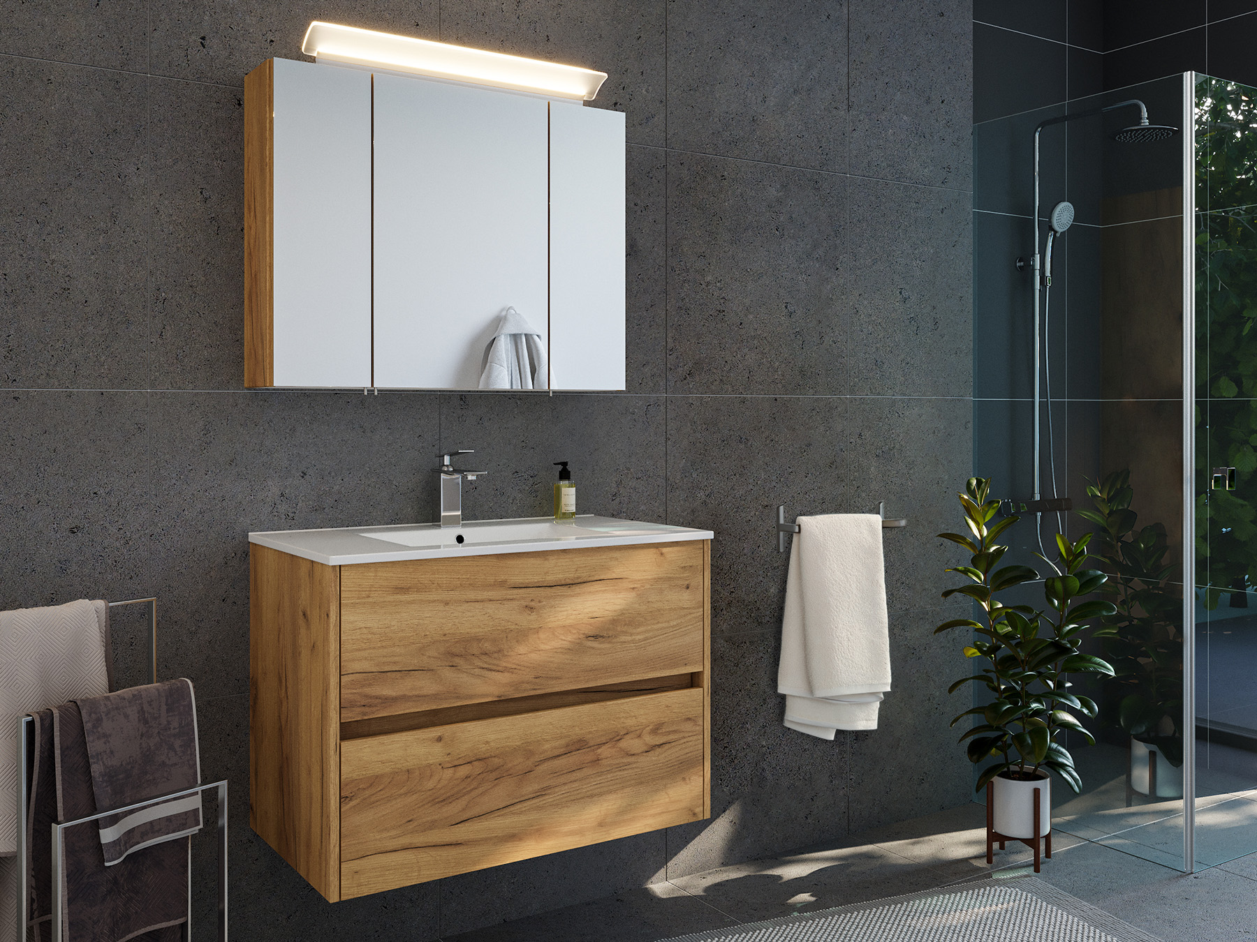 Badmöbelset Taifun 80cm 2tlg mit Spiegelschrank eiche gold