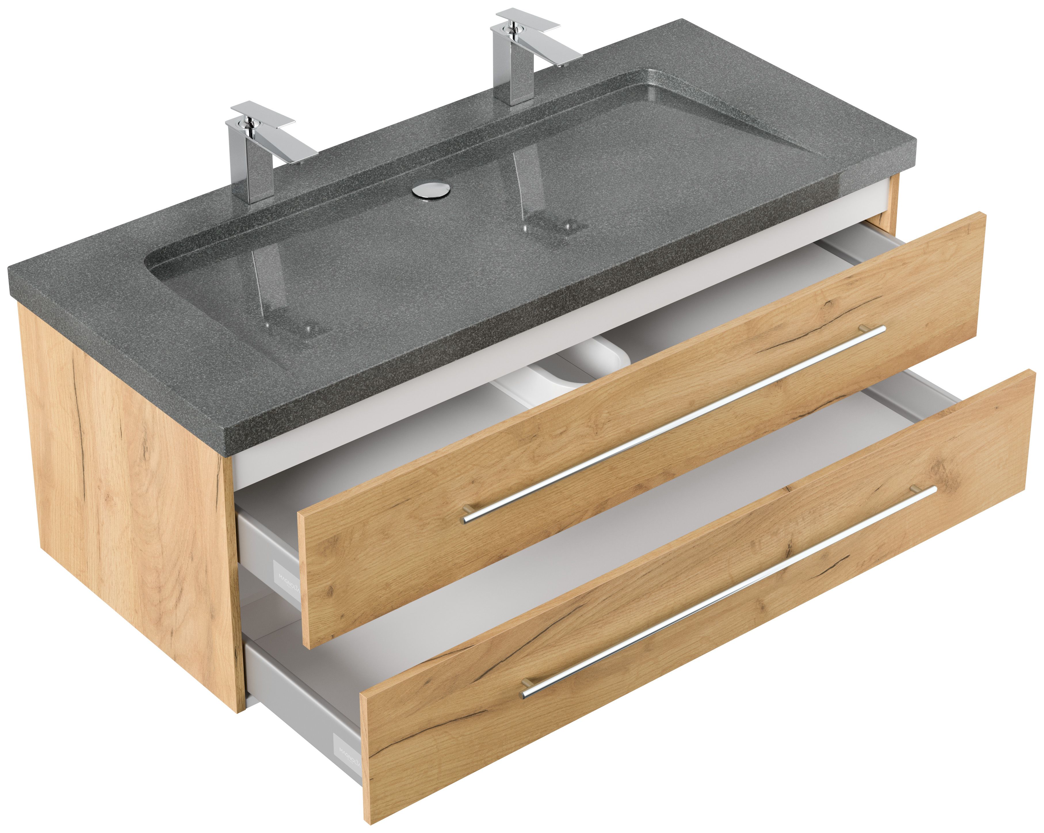 Badmöbel Granit G654 Damo 130 cm 2 Hahnlöcher SoftClose eiche gold