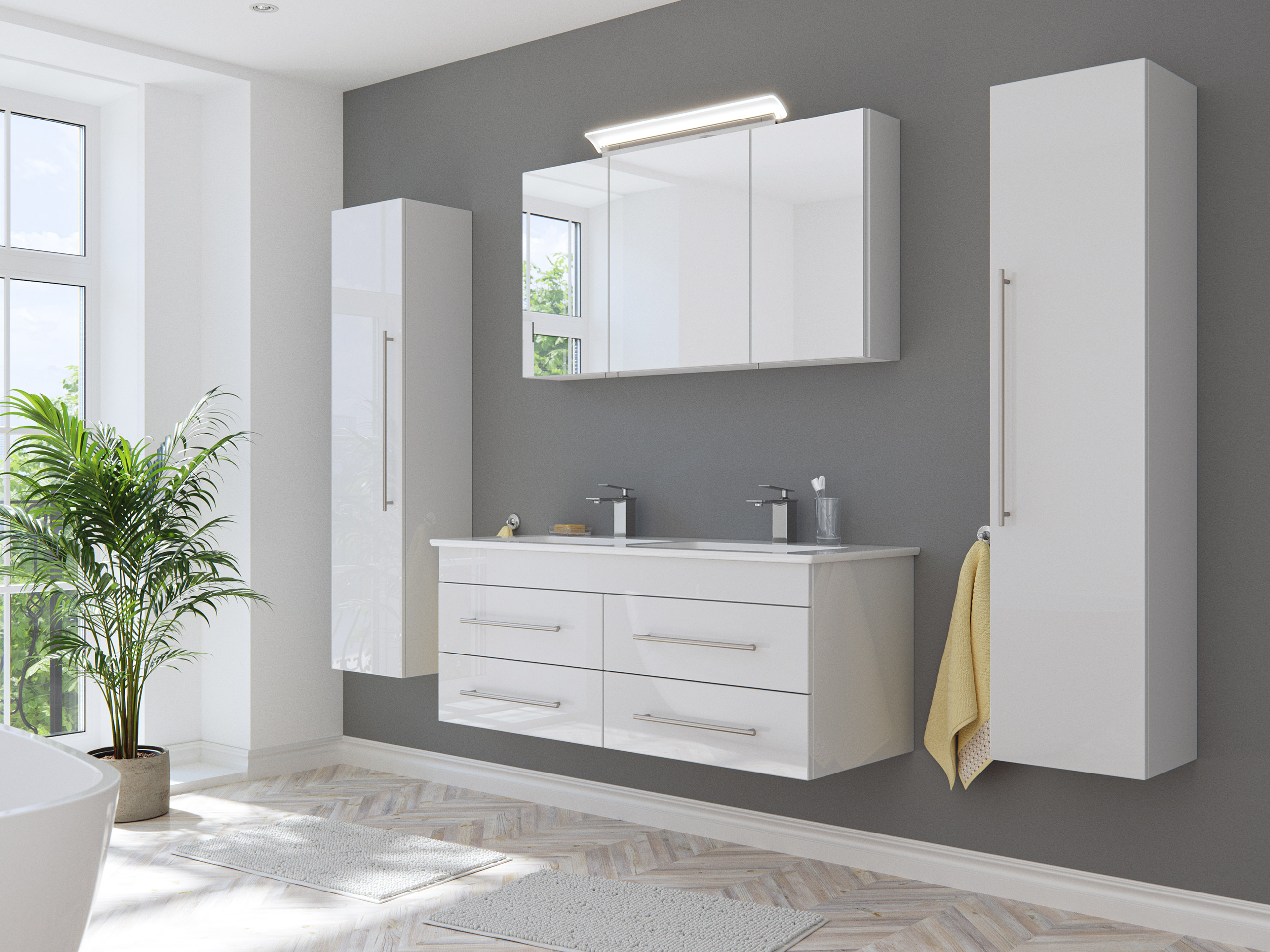 Badmöbel Set 4tlg mit V&B Venticello Doppelbecken 130cm weiß Hgl