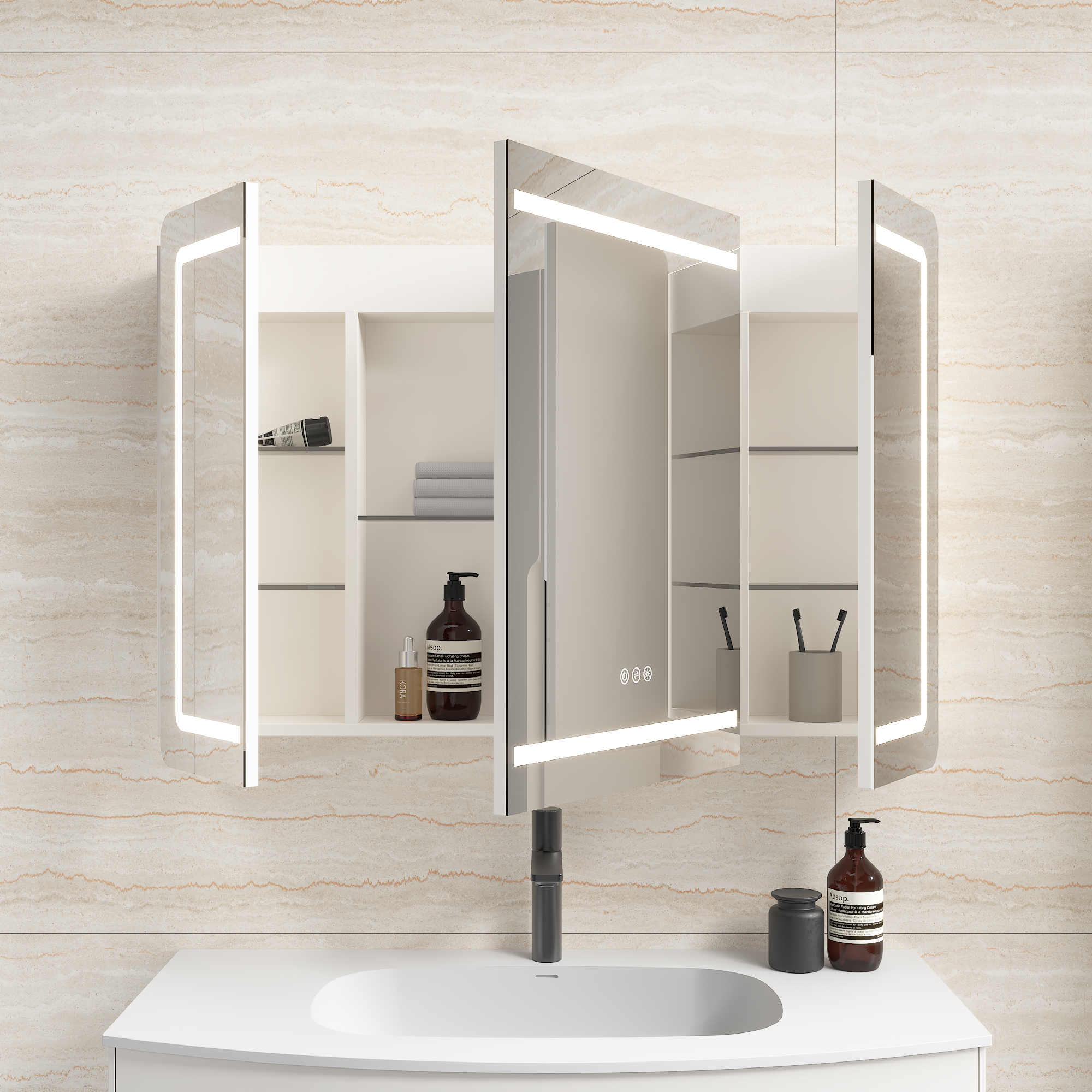 Spiegelschrank Riva 100 cm inkl. LED-Lampe und Glasböden montiert weiß matt