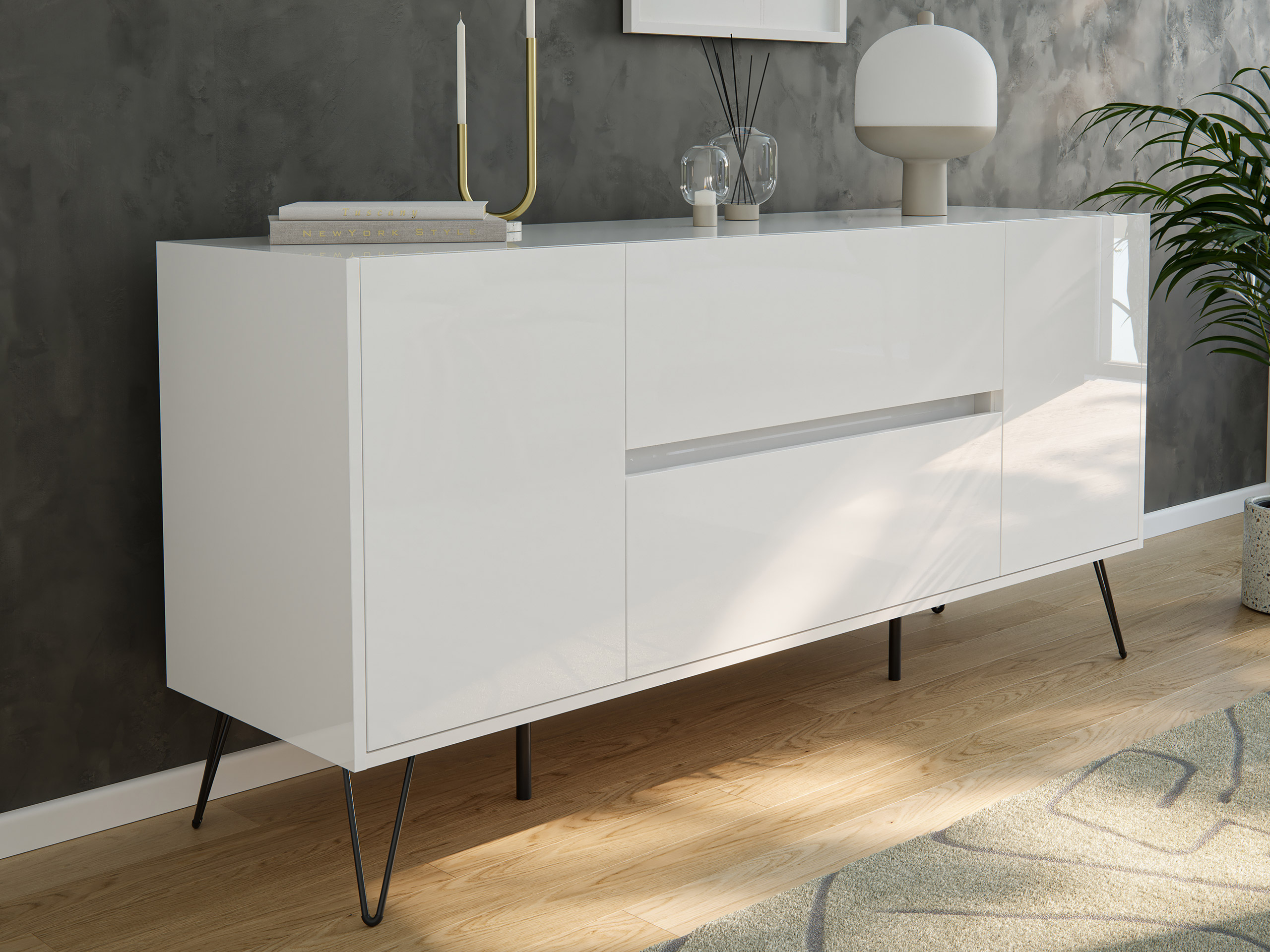 Raumwunder Sideboard Kommode Taran 155cm 2 SoftClose 2 Türen Weiß hochglanz