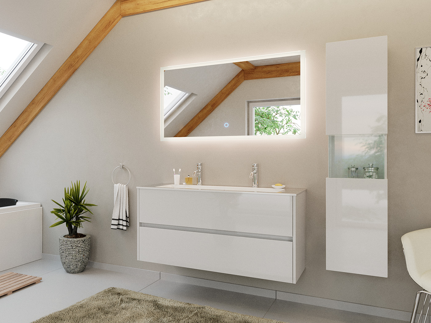 Doppel-Badmöbel Set Taifun 3tlg. 120 cm mit LED Spiegel & Hochschrank eiche gold