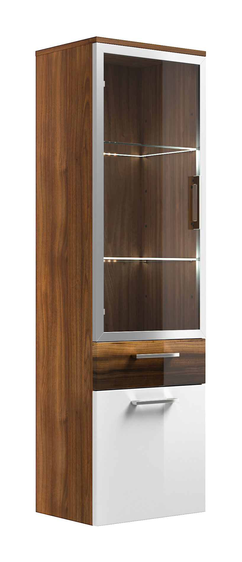 Hochschrank Rima 135 cm mit Glastür Weiss hochglanz/Walnuss hochglanz