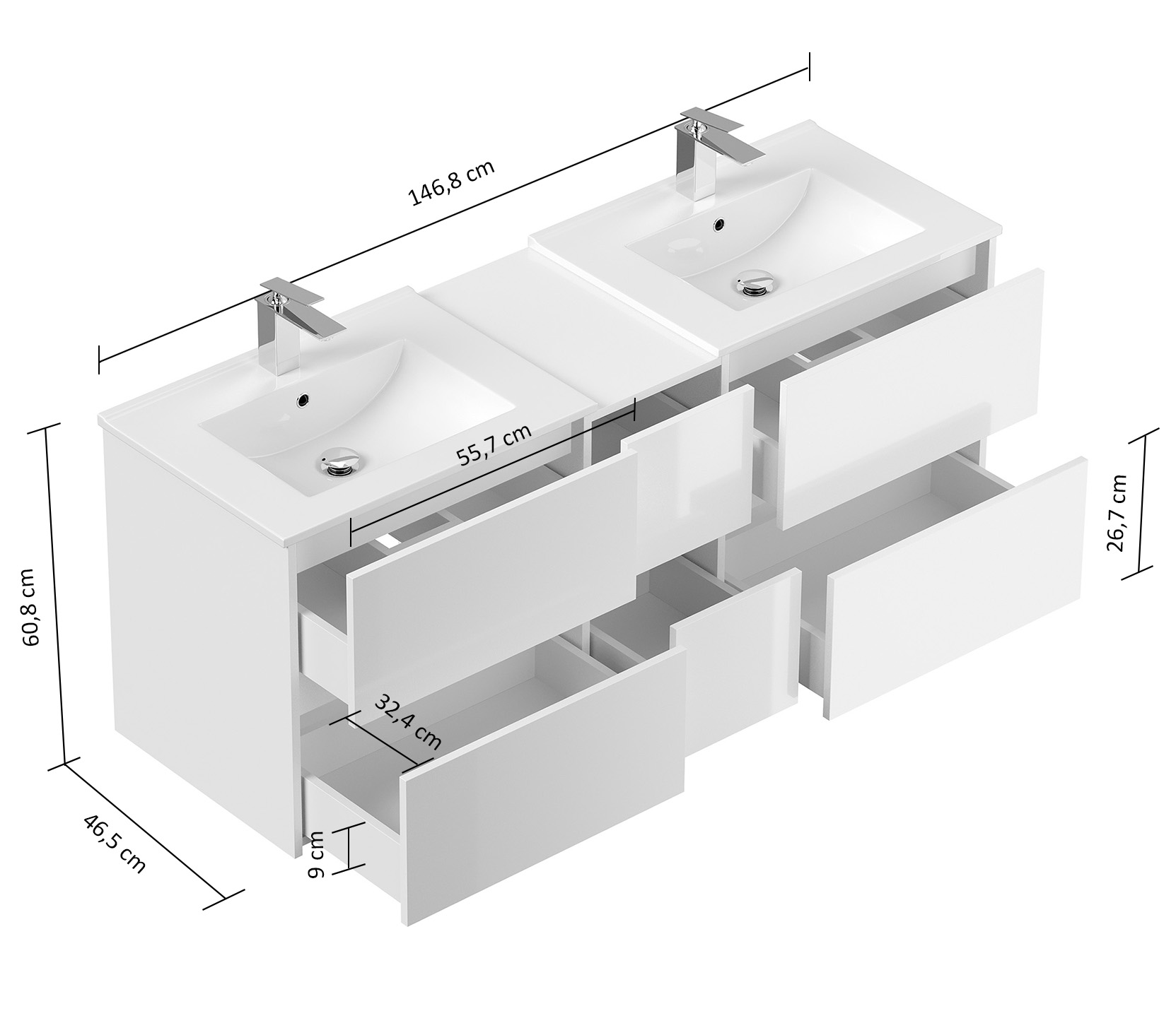Badmöbelset Taifun 150cm 4tlg mit 2x Spiegelschrank & 3er Boxen Set eiche gold