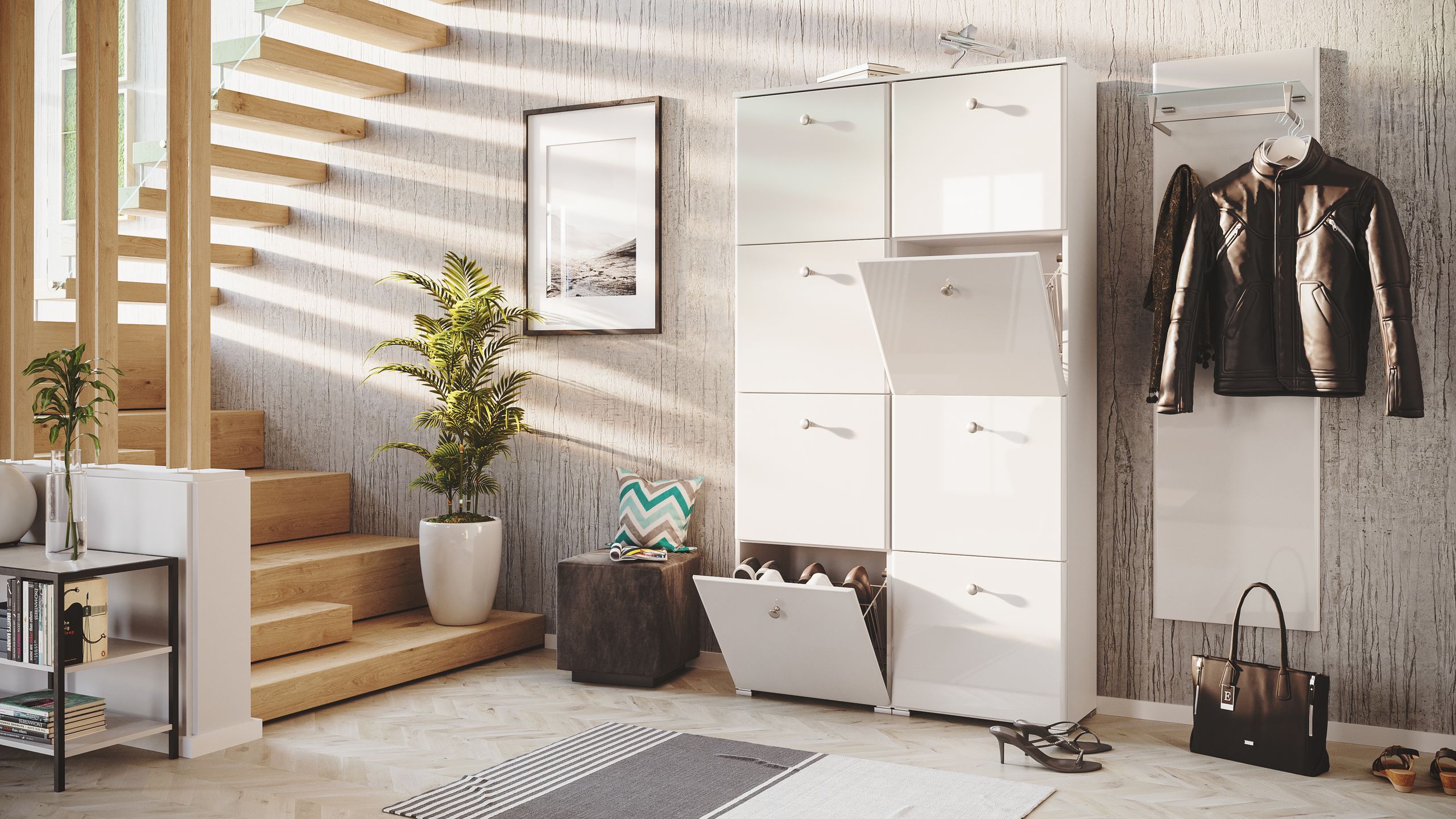 Garderobe Set 113 Brawley 2 tlg Schuhschrank 8 Klappen 32 Paar Weiss-Weiss Hgl