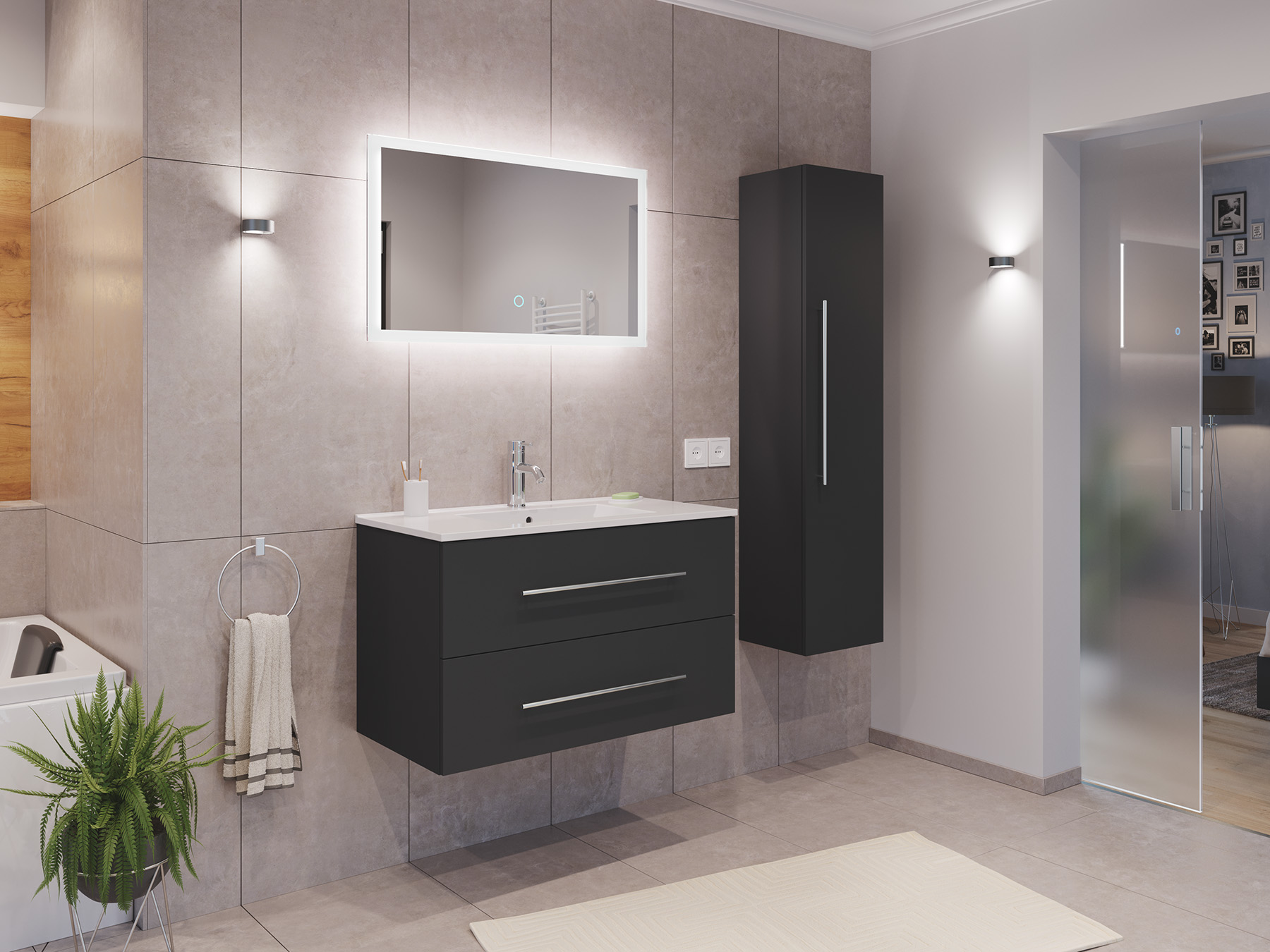 Badmöbel Set Firenze 90 3tlg. LED Spiegel und Hochschrank grafit