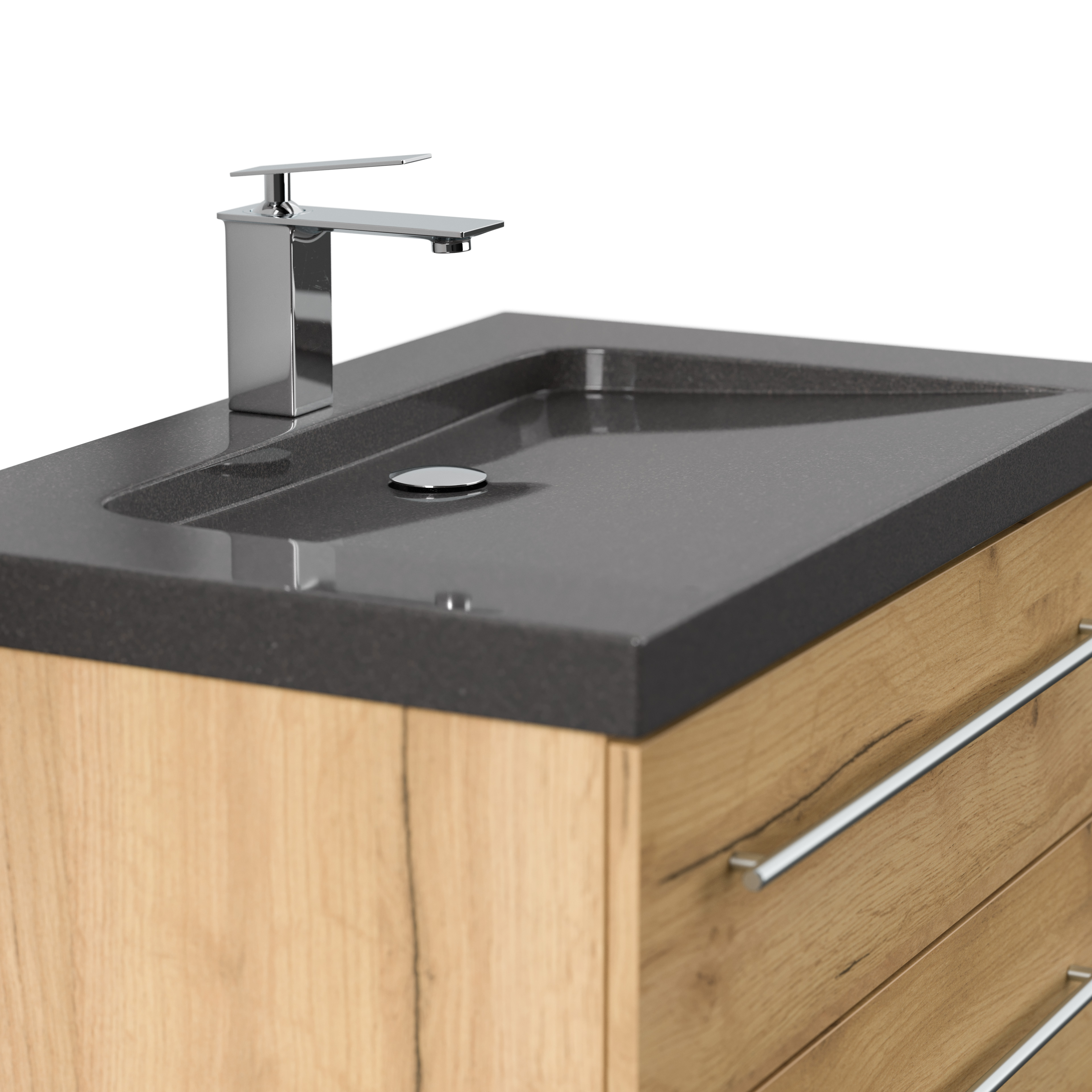 Badmöbel Granit India Black Damo 75 cm 1 Hahnloch SoftClose eiche gold