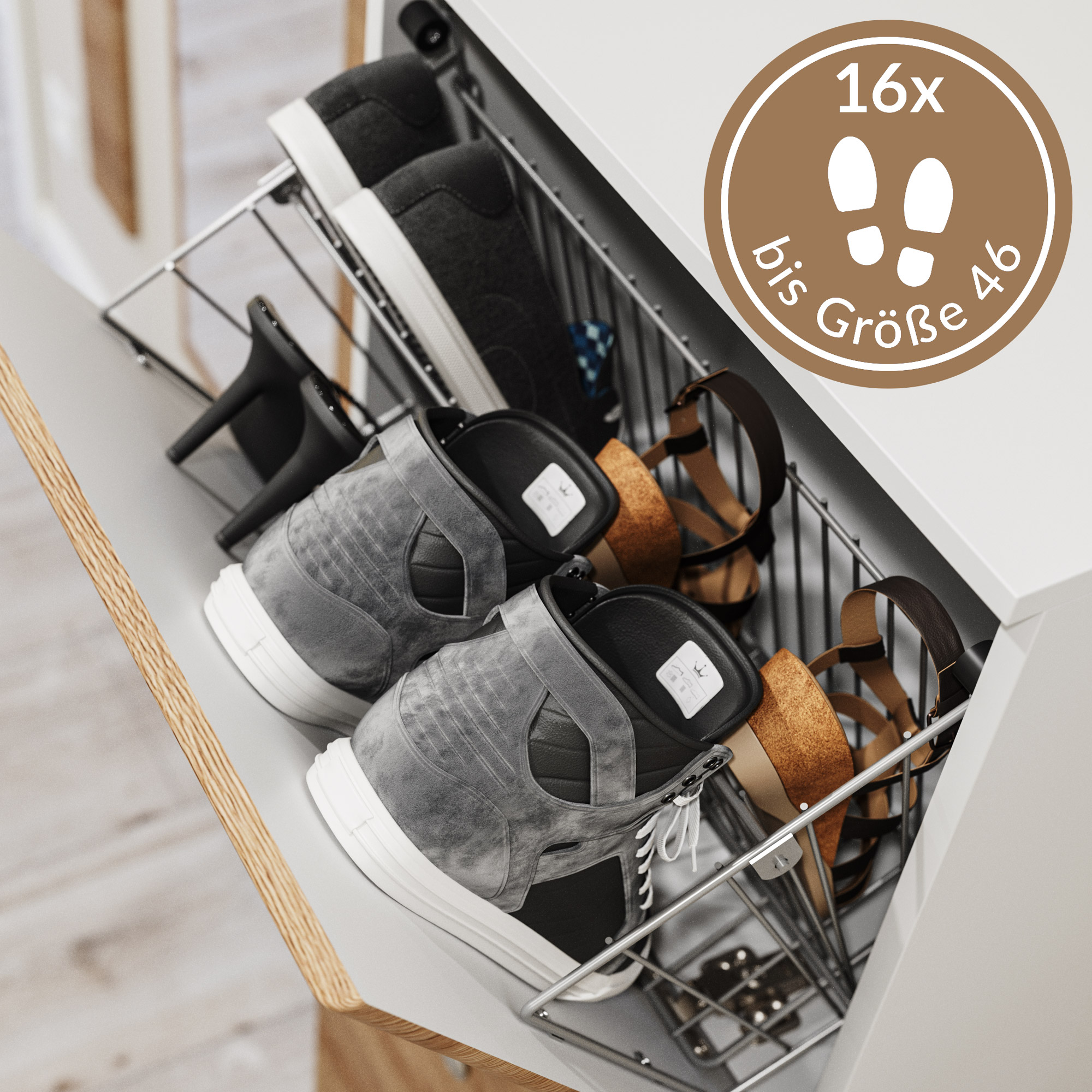 Garderobe Set 005 Cleveland 4 tlg Schuhschrank 4 Klappen 16 Paar Weiss-Eiche
