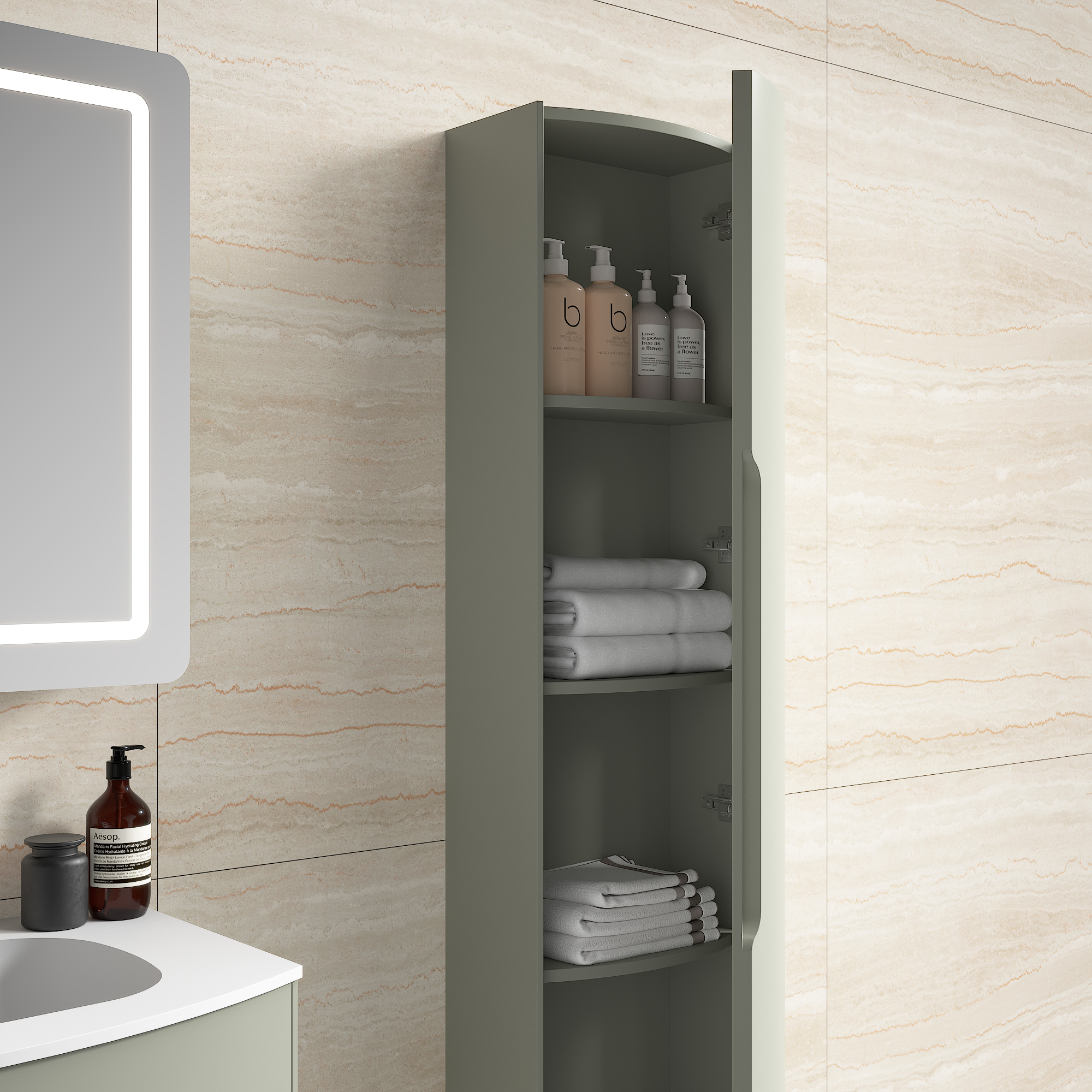 Badezimmer Hochschrank Riva 150 cm Softclose montiert grün matt