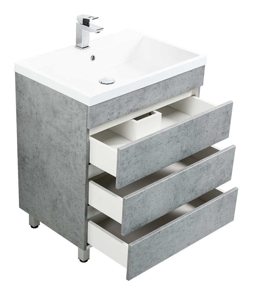 Stand Badmöbel Via 70 SoftClose beton mit drei grifflosen Schubladen
