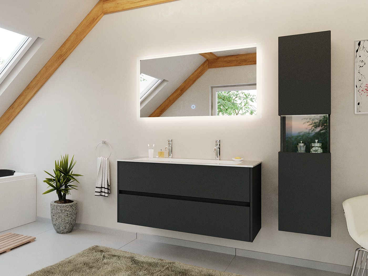 Doppel-Badmöbel Set Taifun 3tlg. 120 cm mit LED Spiegel & Hochschrank eiche gold