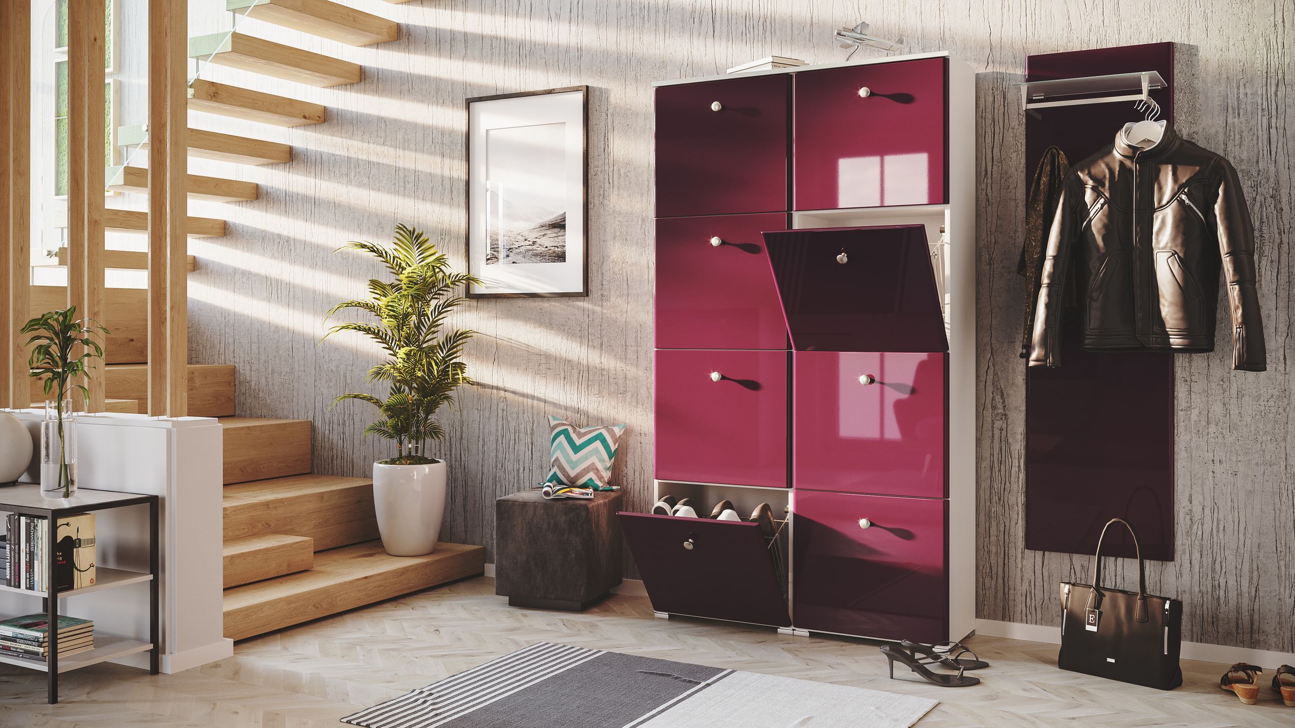 Garderobe Set 113 Brawley 2 tlg Schuhschrank 8 Klappen 32 Paar Weiss-Weiss Hgl