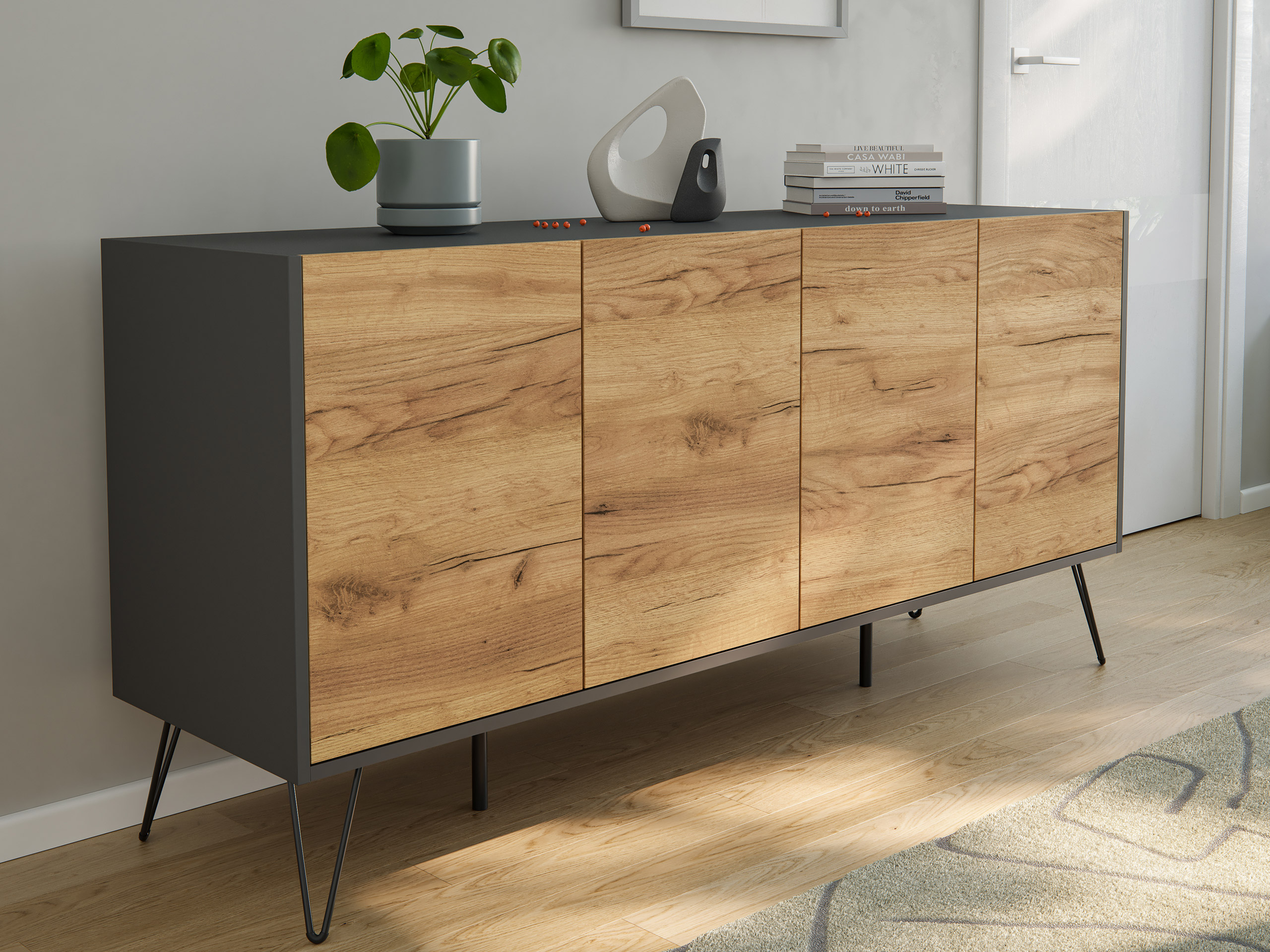Raumwunder XL Sideboard Kommode Maxim 155cm stehend 4 Türen Grafit/Eiche Top
