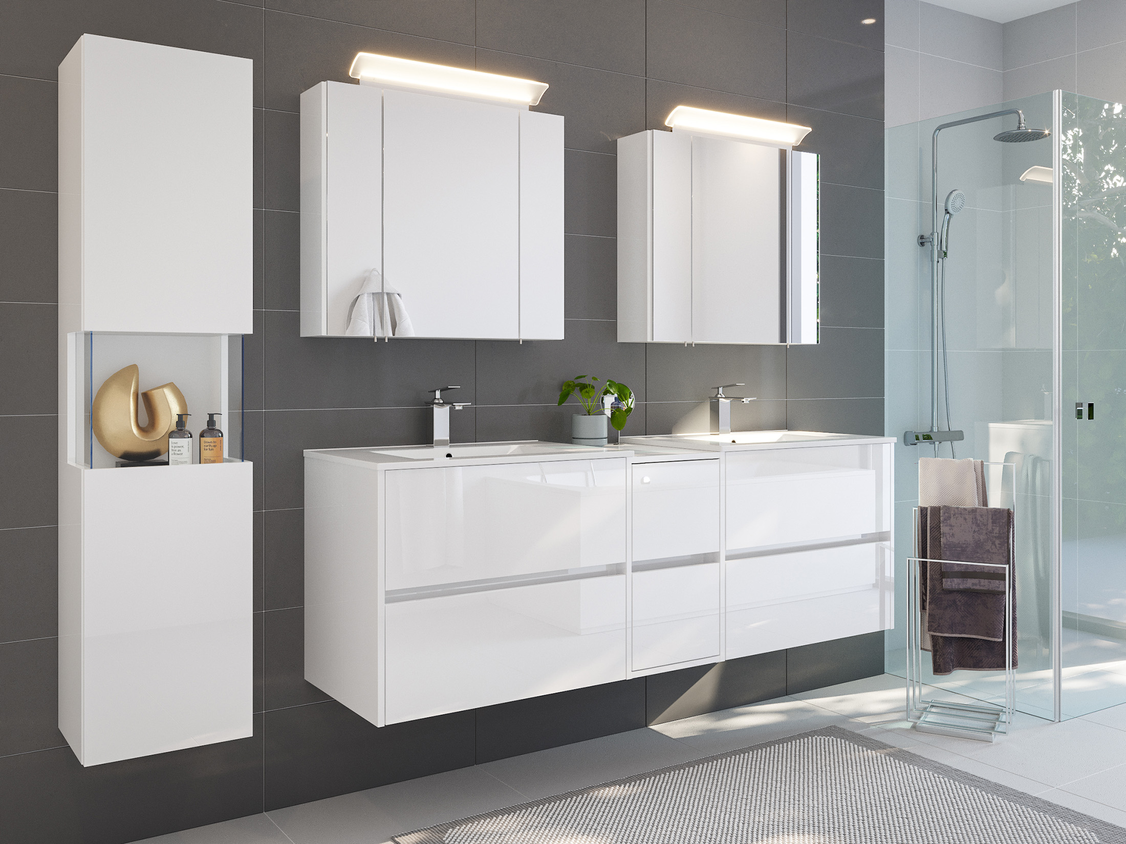 Badmöbelset Taifun 170cm 4tlg mit 2x Spiegelschrank & Seitenschrank weiß Hgl