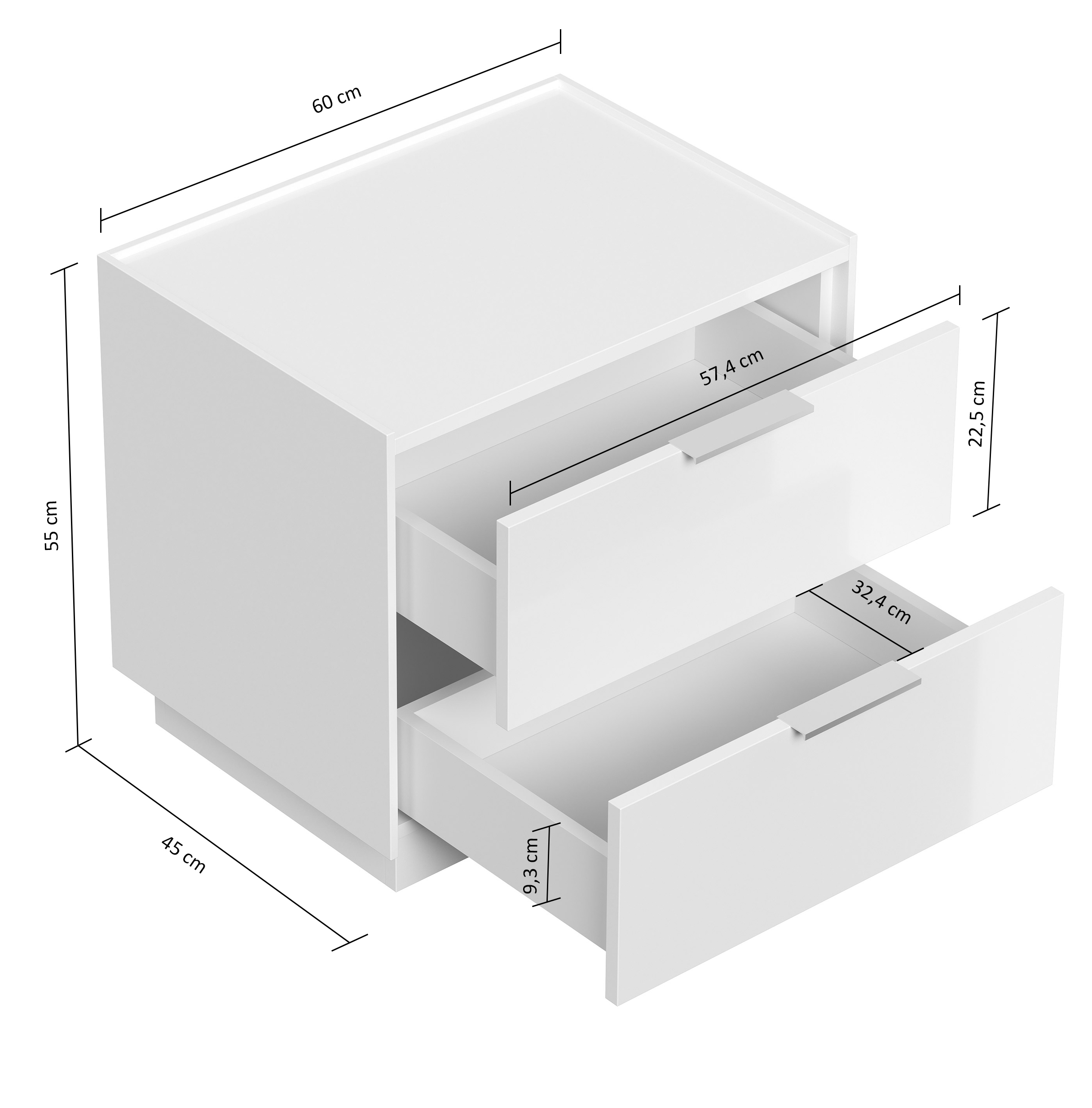 Design Nachttisch Kommode Artem 60cm, Quarztop, 2 Softeinzüge lackiert Weiß Hgl