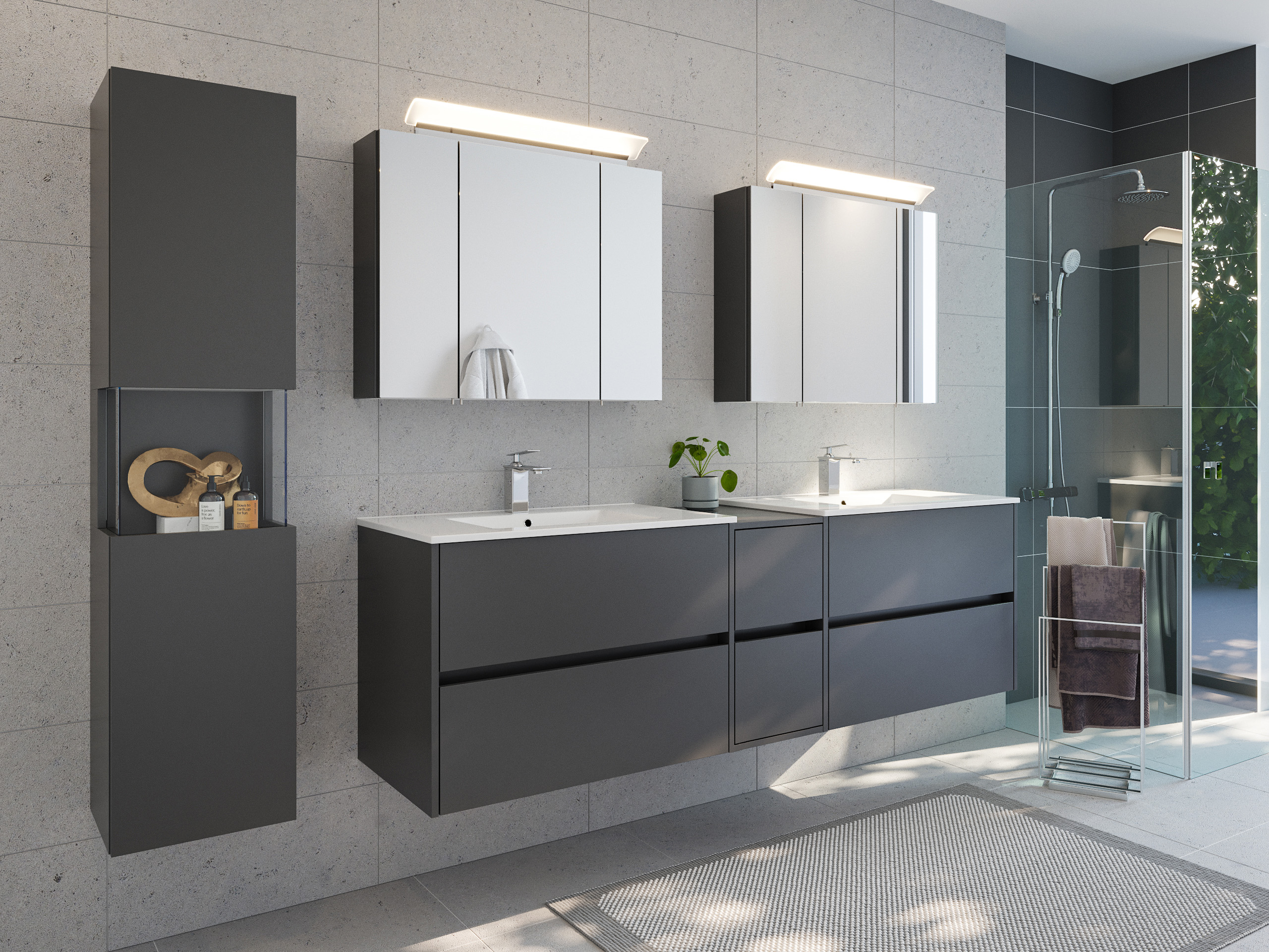 Badmöbelset Taifun 190cm 4tlg mit 2x Spiegelschrank & Seitenschrank grafit