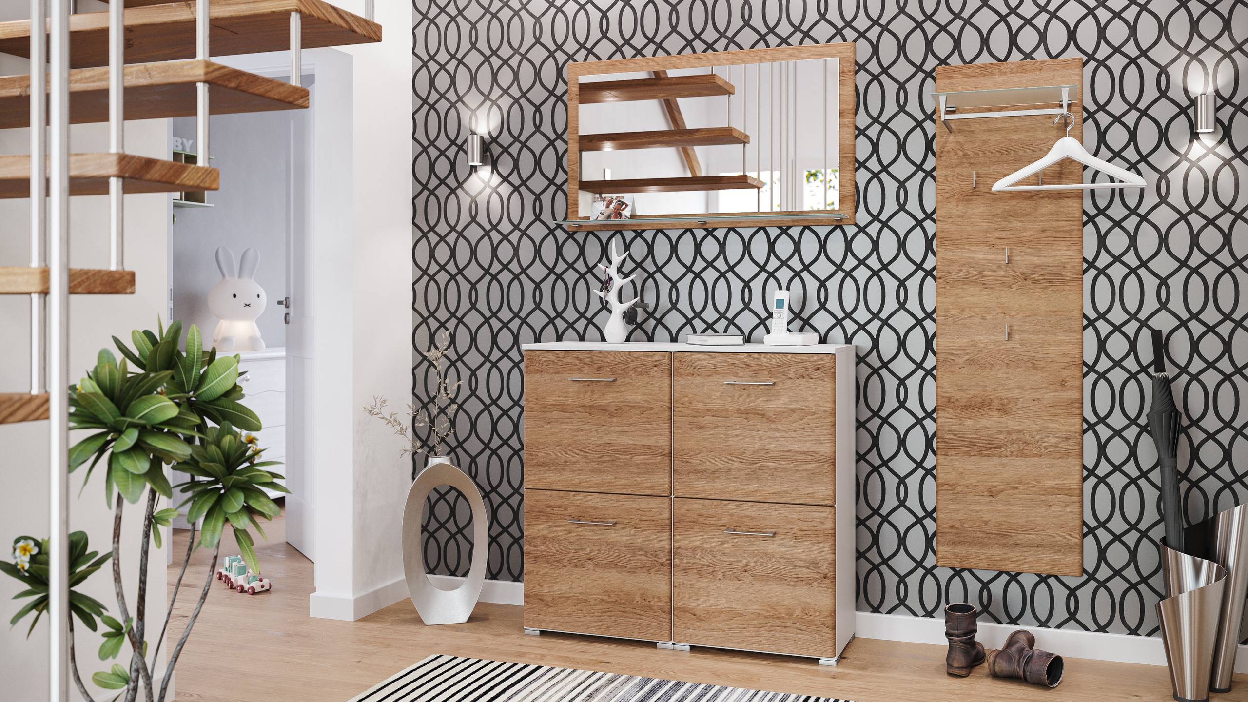 Garderobe Set 004 Boston 4 tlg Schuhschrank 4 Klappen 16 Paar Weiss-Eiche