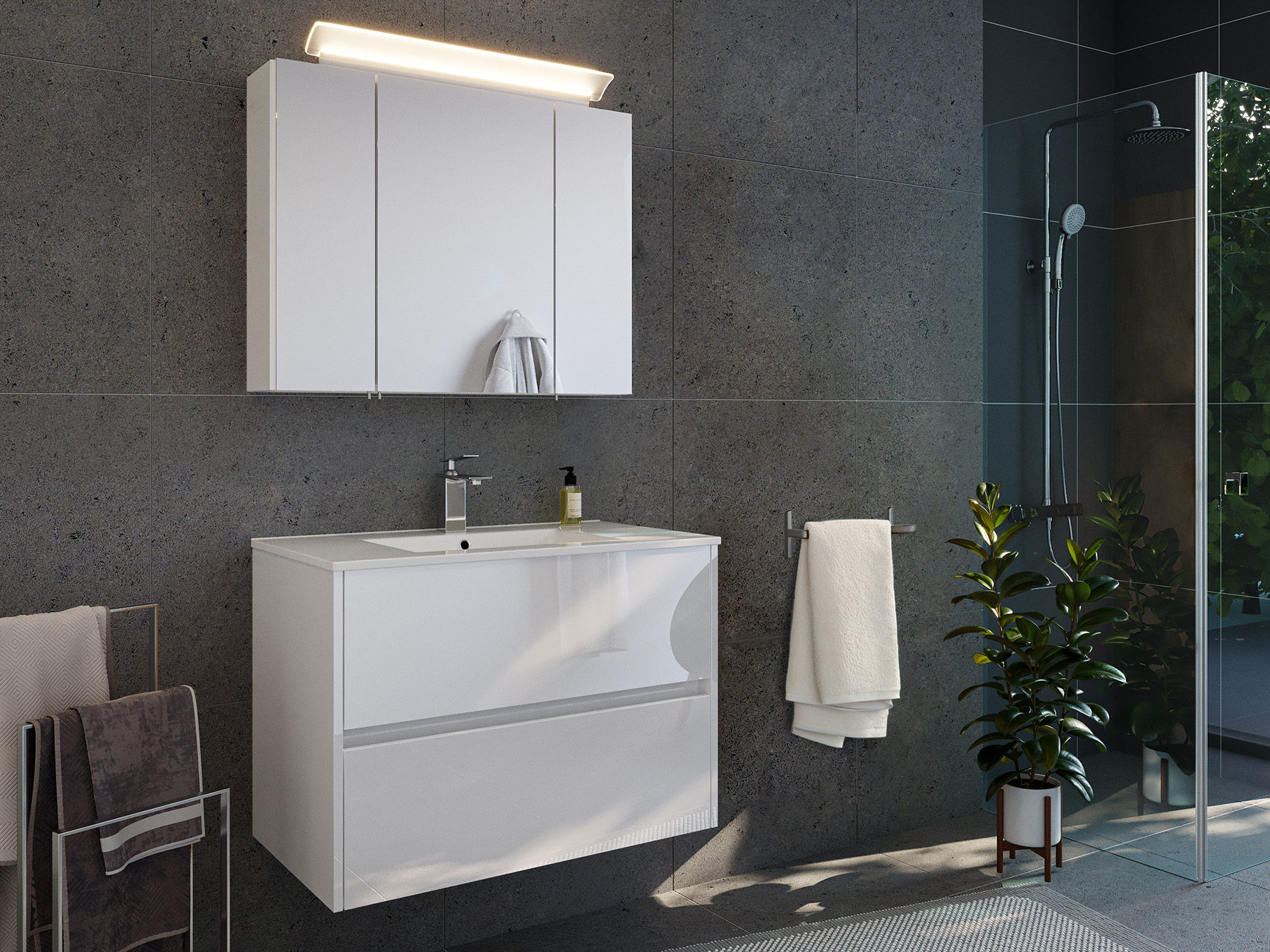 Badmöbelset Taifun 80cm 2tlg mit Spiegelschrank weiß Hgl