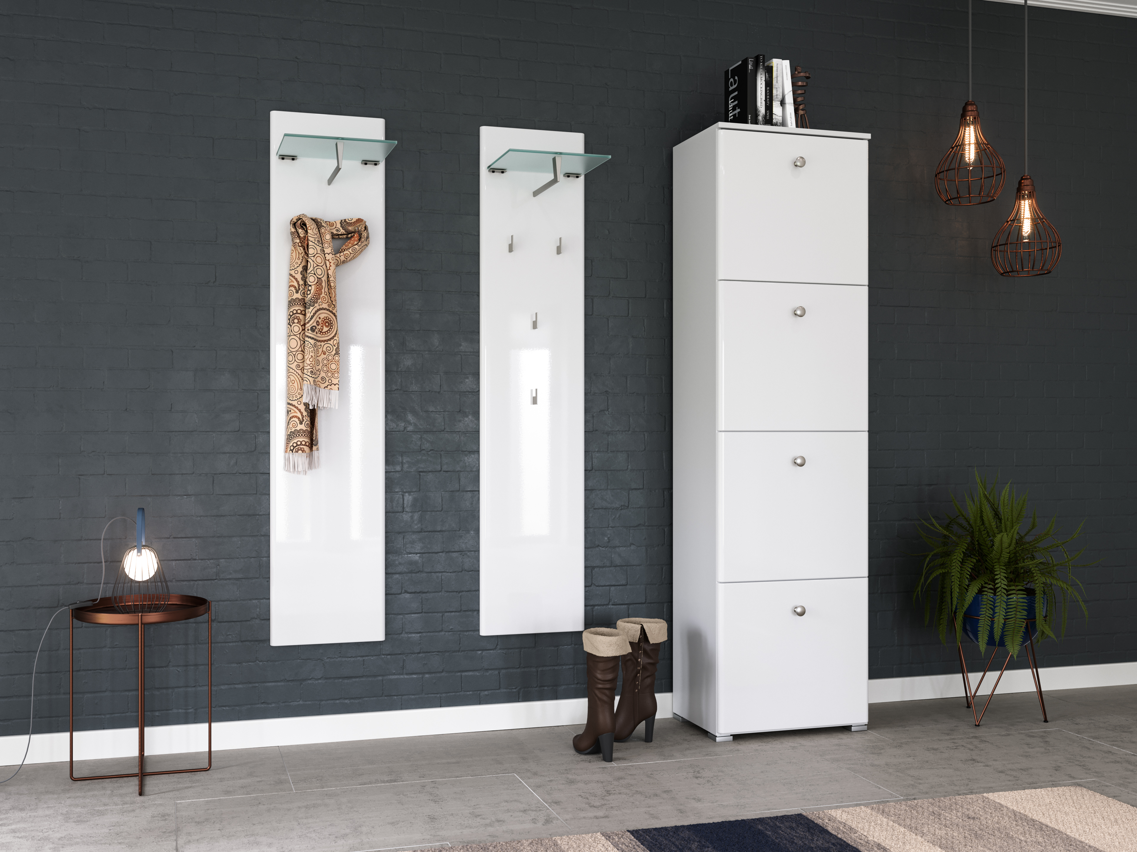 Garderobe Set 013 Lancaster 3 tlg Schuhschrank 4 Klappen 16 Paar Weiss-Weiss Hgl