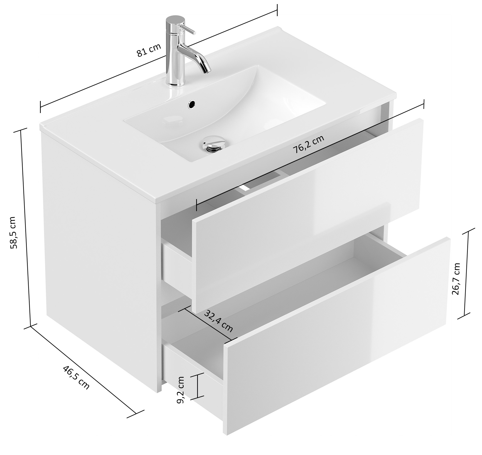 Badmöbelset Taifun 80cm 3tlg mit Spiegelschrank & 3er Boxen Set weiß Hgl