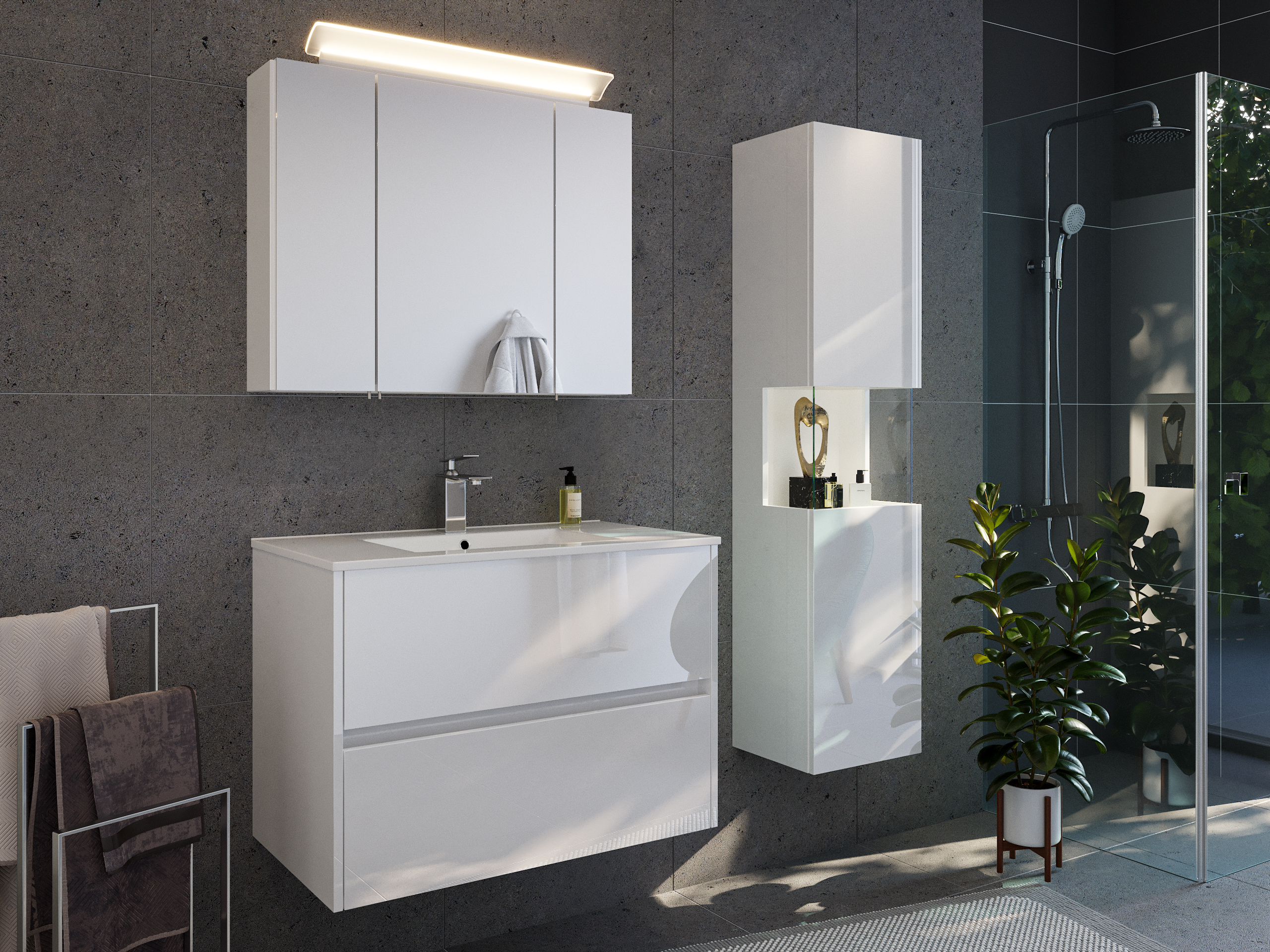 Badmöbelset Taifun 80cm 3tlg mit Spiegelschrank & Seitenschrank weiß Hgl