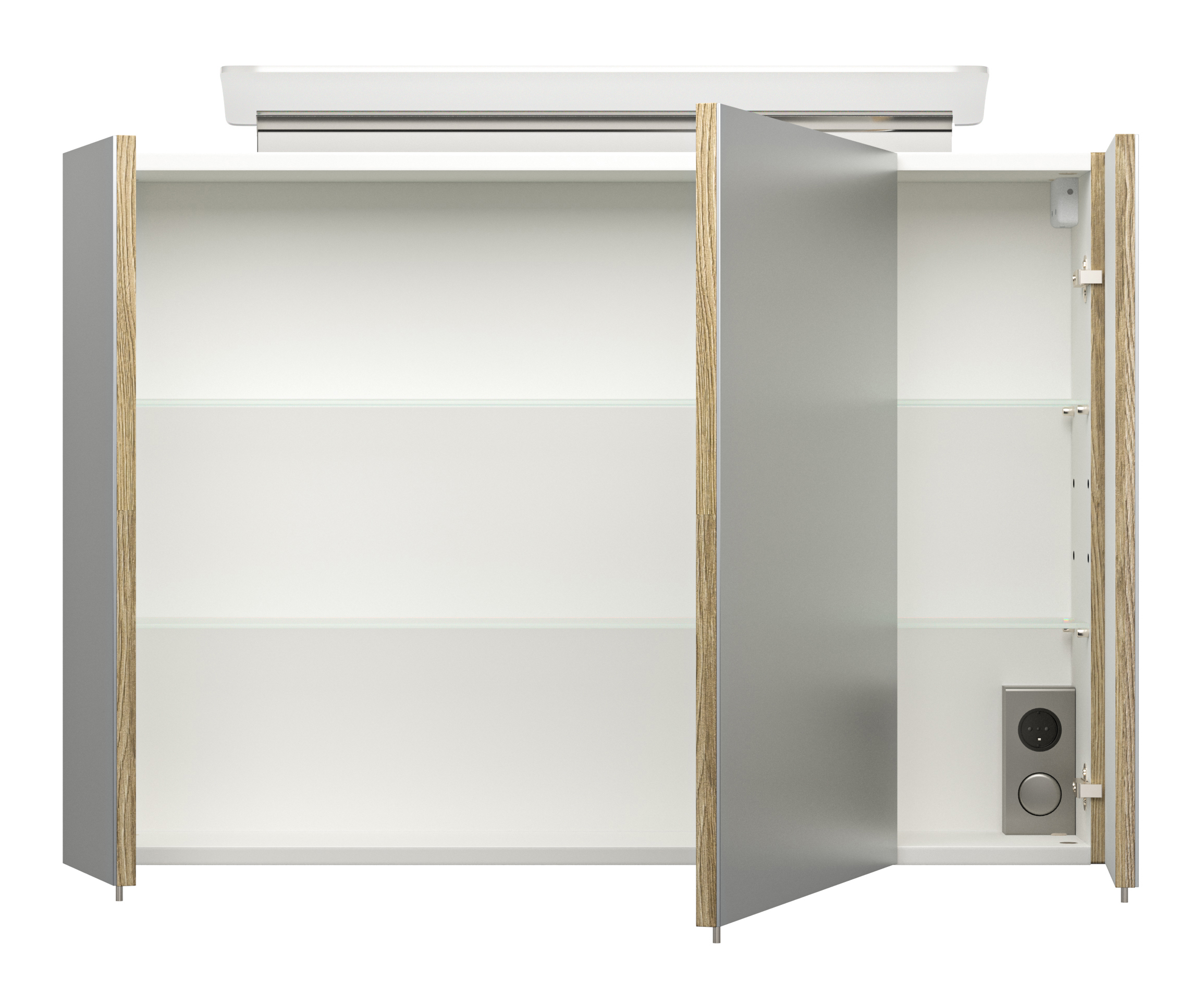 Spiegelschrank 90cm inkl. Design LED-Lampe und Glasböden eiche hell