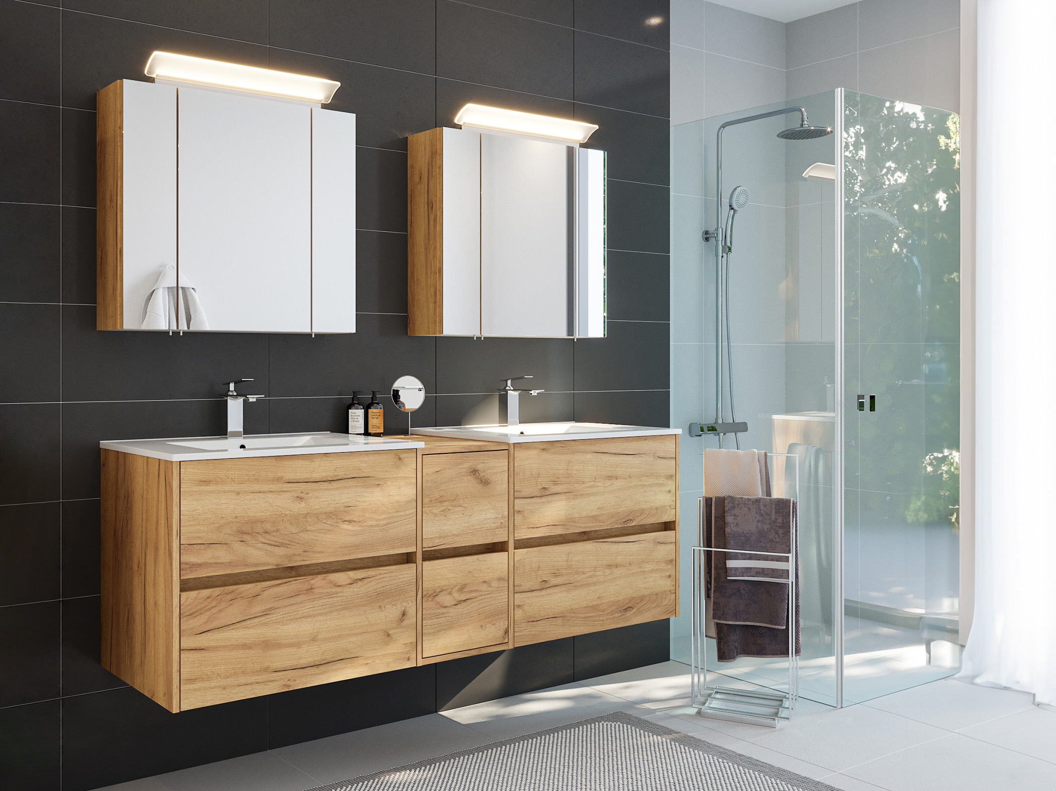 Badmöbelset Taifun 170cm 3tlg mit 2x Spiegelschrank eiche gold