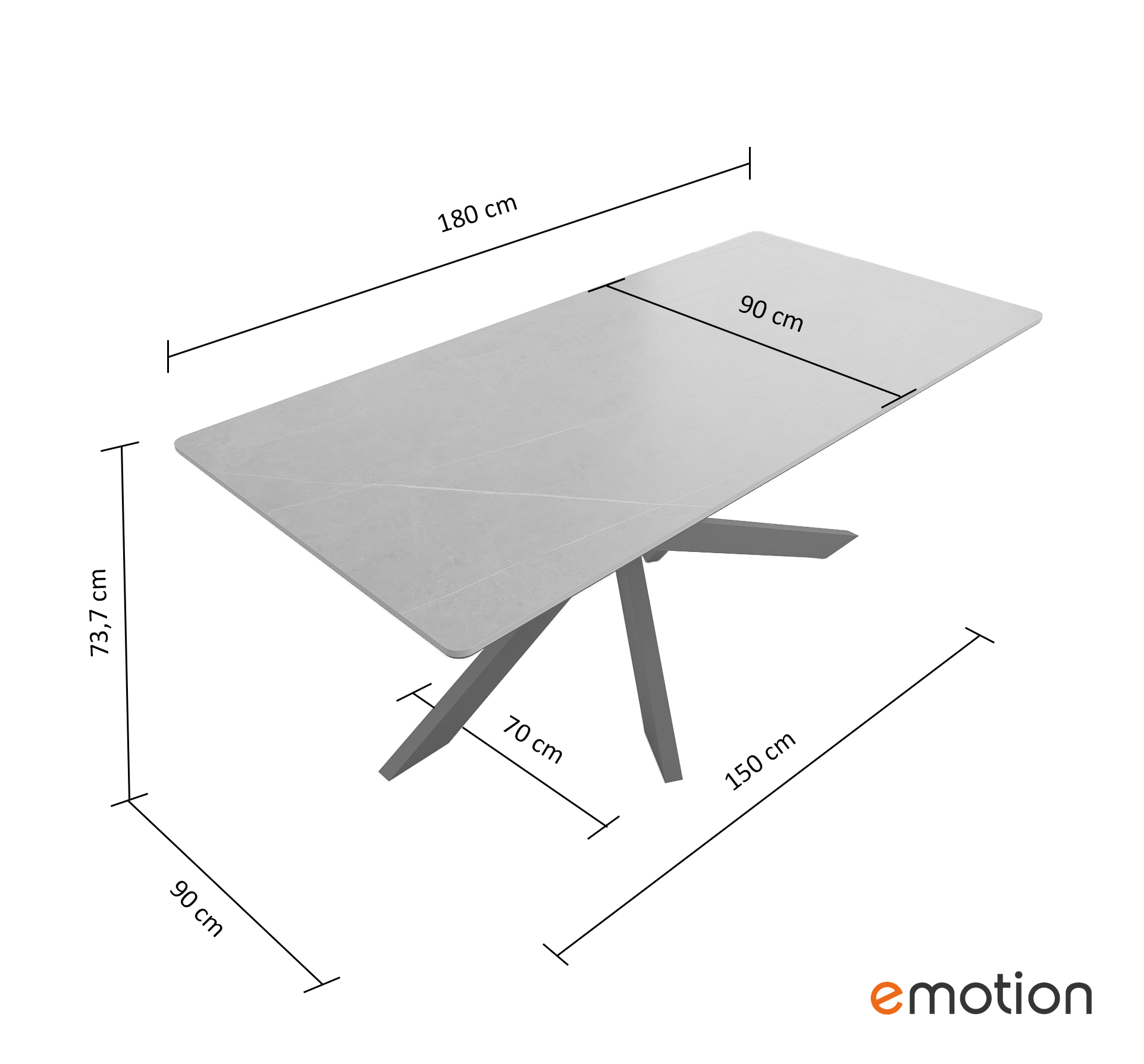 Esszimmertisch ELLEN 180x90cm graue Keramikplatte schwarzes Kreuzgestell