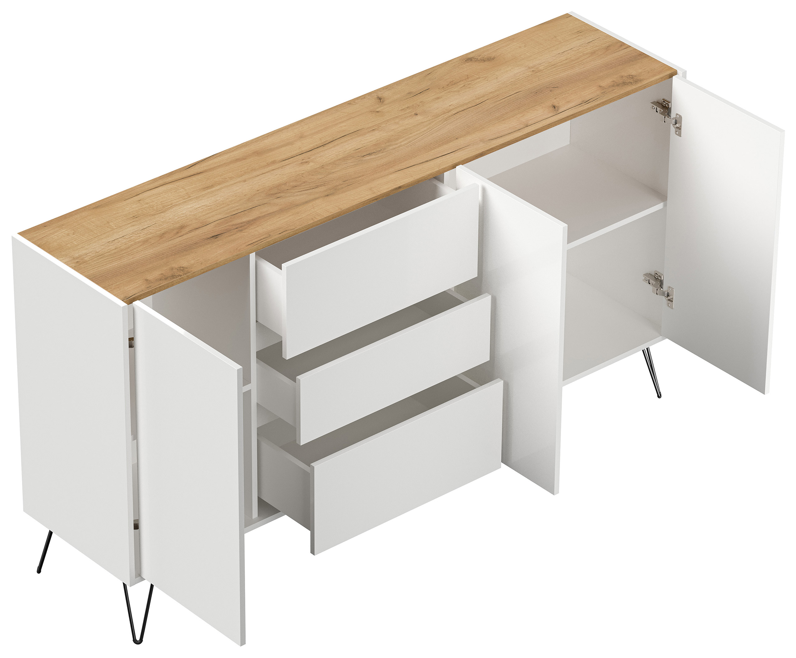 Sideboard Yako XL 180cm 3 SoftClose 3 Türen Weiß/Eiche Top